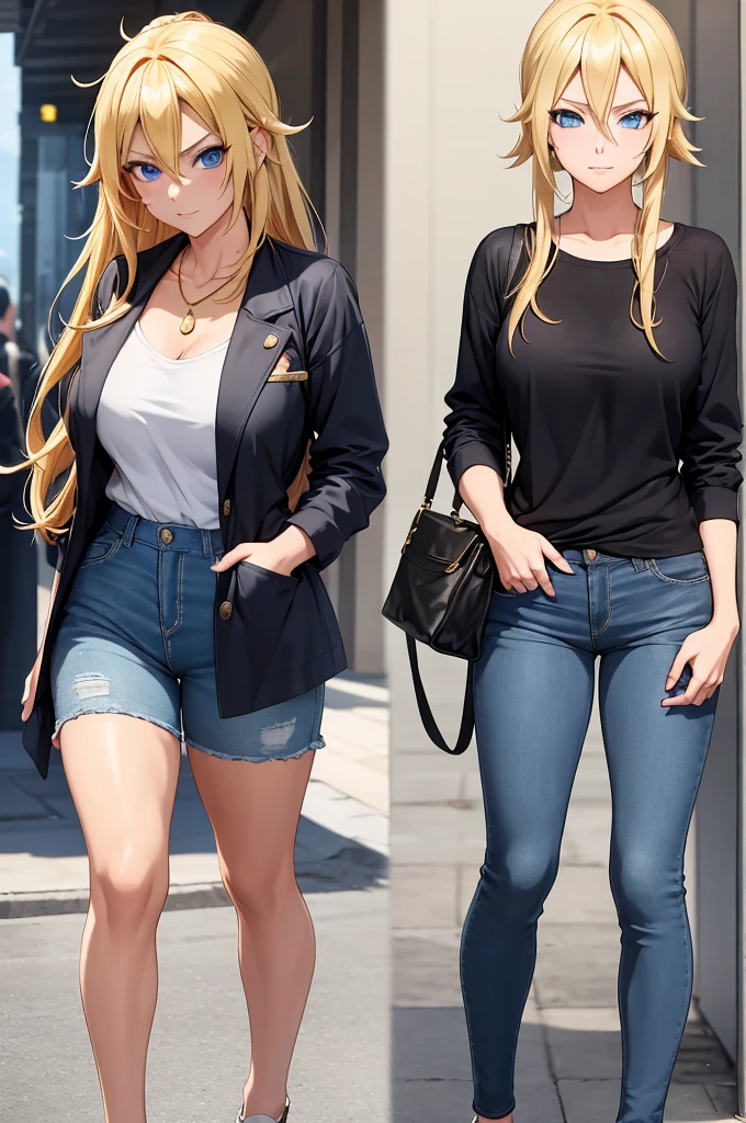 [1girl, Naruto Uzumaki as a girl, female Naruto Uzumaki, gender swapped Naruto, Naruko, Naruto as a female, gender swap, female Naruto Uzumaki (anime: Naruto), female/girl/woman, beautiful blond hair, blond hair, blue eyes, beautiful blue eyes, detailed blue eyes, perfect eyes, fashionable modern outfit, cute outfit, fashionable outfit, modern fashionable outfit] Imagine a stunning rendition of Naruto Uzumaki, but reimagined as a girl - let's call her Naruko. Picture her with beautiful, flowing blond hair cascading down her shoulders like golden strands of sunlight. Her eyes, a mesmerizing shade of azure, sparkle with an intensity that draws you in, each detail meticulously crafted to perfection. Naruko stands confidently, exuding strength and determination, yet there's a softness to her features that speaks of her feminine grace. Now, envision her attire - a cute and fashionable ensemble that reflects the style of a modern girl. She wears a trendy oversized sweater in a pastel hue, the fabric soft and cozy against her skin. Paired with this, she dons a pair of high-waisted skinny jeans, perfectly tailored to accentuate her curves while providing comfort and ease of movement. To complete her look, Naruko accessorizes with delicate gold jewelry - perhaps a dainty necklace adorning her neckline and a few stackable rings adorning her fingers. On her feet, she opts for a pair of stylish sneakers in a complementary color, adding a sporty-chic vibe to her ensemble. Naruko radiates confidence and charm as she confidently walks, embodying the essence of modern femininity with her cute and fashionable outfit. [High quality, 8k, perfect image, best image, highly detailed, detailed, beautiful]
