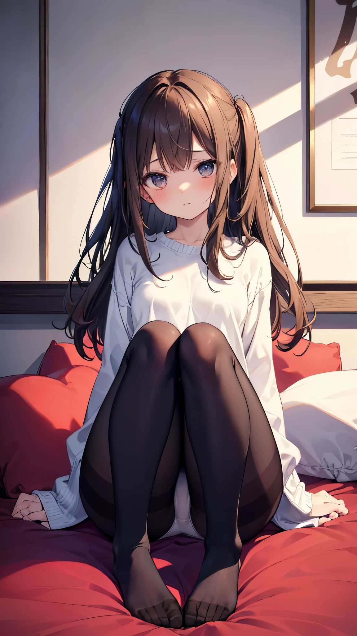 highest quality, masterpiece, High resolution, (Head to toe full body view), Front view from slightly below, Symmetrical Configuration, Precisely balanced composition across the body、18-year-old, Slim and beautiful girl, alone, (Small breasts), (No shoes), Long brown hair, bangs, (Black Pantyhose), (Sit on the floor with your legs open), (Spread-legged pose on bed), (Her legs were spread、White panties are visible.), (Open your mouth with a pained expression), blush, Shy big eyes, Looking into the camera, high school girl'Blazer uniform, Checkered pleated skirt