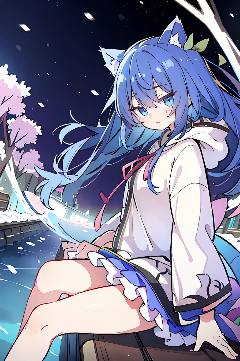 (masterpiece:1.2),Super detailed,lifelike,Expressive eyes,fair skin,perfect face shape,1 girl,
Japanese comics,Gorgeous blue hair,flowing blue hair,flowing clothes,Cat ears,Petals fall,beautiful lola,Baby Angel,
Cross your legs,Gentle and peaceful background,The pavilion is cool and comfortable, wearing hoodie, background of tokyo,back views,snowing, winter.