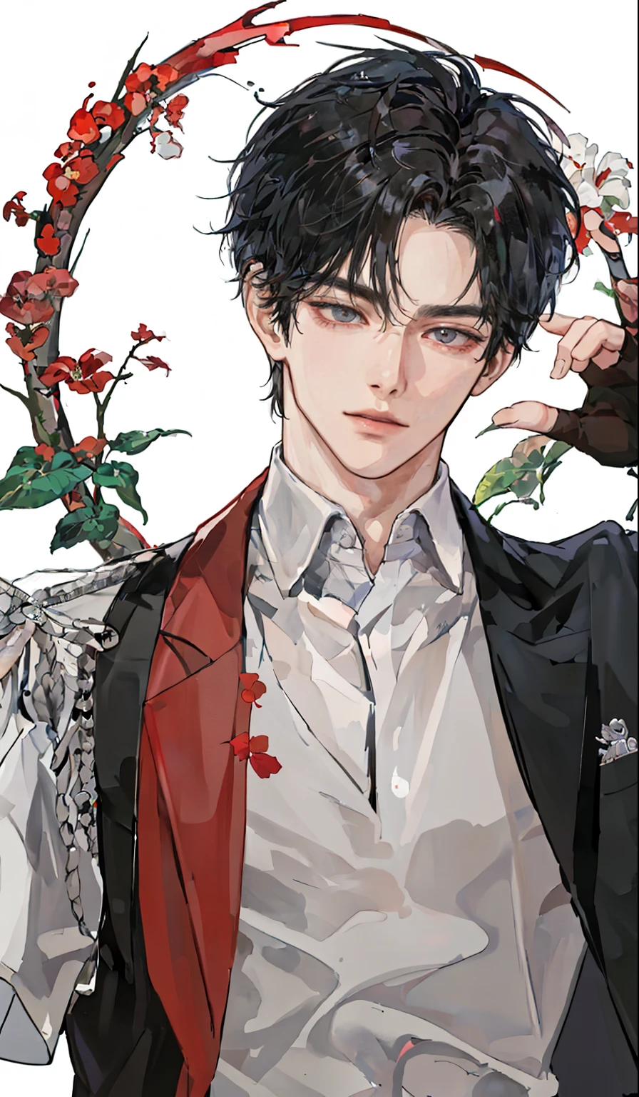 A youthful and handsome K-POP idol with very short black hair(clearly above the eyebrows) wearing a simple, rock-style grey and blackShort sleeve and red fingerless gloves. He has a playful and confident expression, with a slight smirk or a focused gaze. His hair is neatly cut and styled, emphasizing its short length. The overall mood should be dynamic and energetic, with a Korean illustration style.