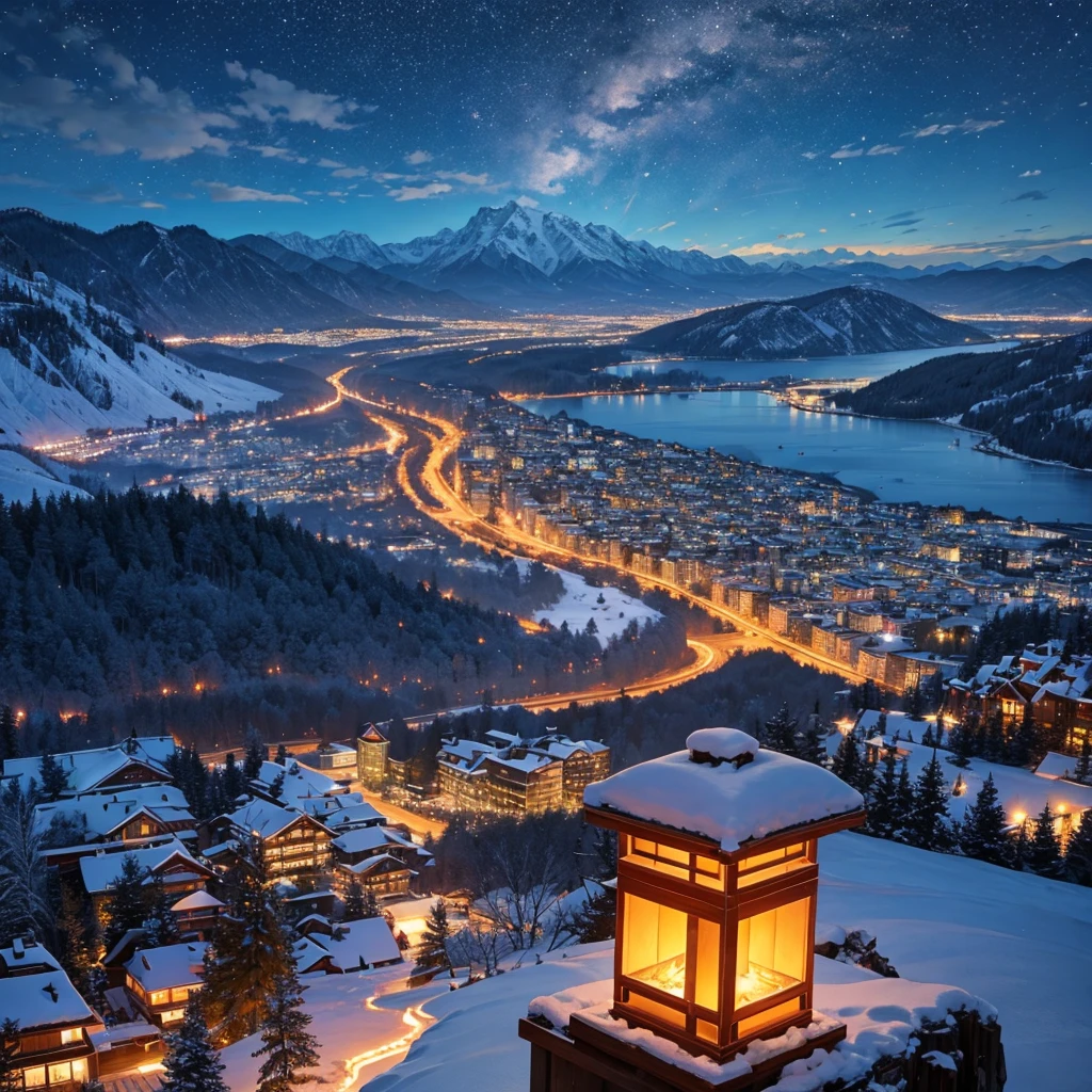 Winter Mountain、Night Sky、Lowland city lights by the lake