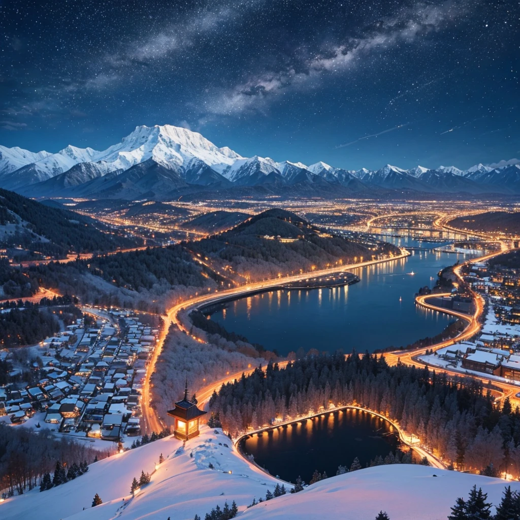 Winter Mountain、Night Sky、Lowland city lights by the lake