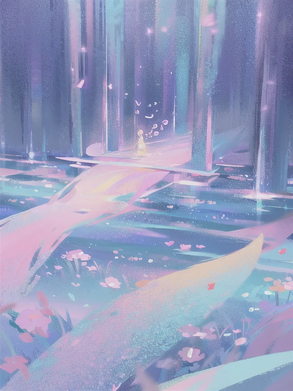 Dreamy scene, universe, music, music everywhere, colors, masterpiece, there is a white crystal bridge, musical notes, musical notes flying around, beautiful, shimmering colors