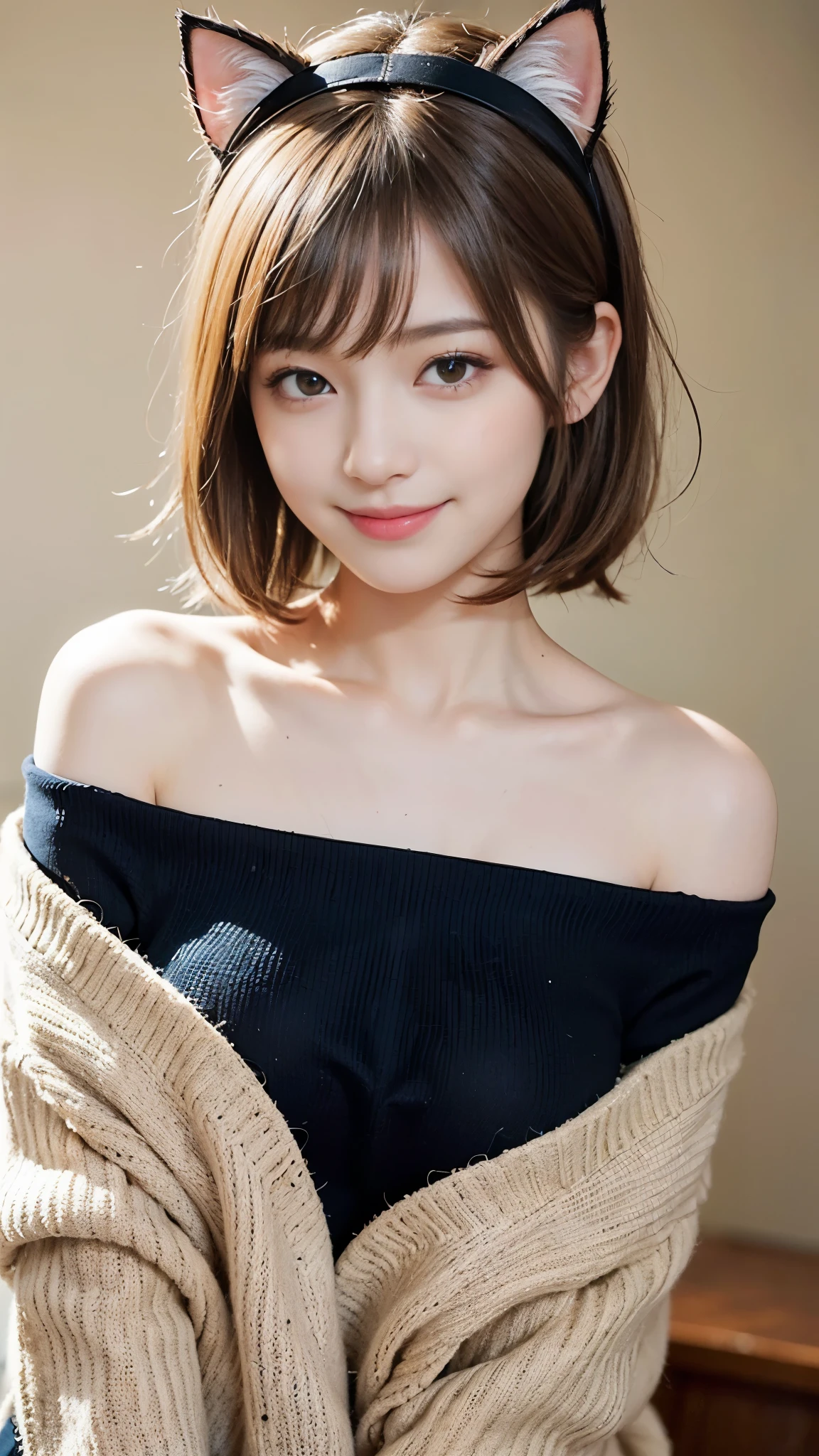 ((highest quality、Masterpiece、High resolution))、(((Zoom photo of upper body)))、(A shy smile:1.2)、One female、Beautiful Skin、Beautiful Eyes、Large Breasts、Cateadband、Off-the-shoulder sweater、Blonde Hair、Trimmed bangs、Short Bob