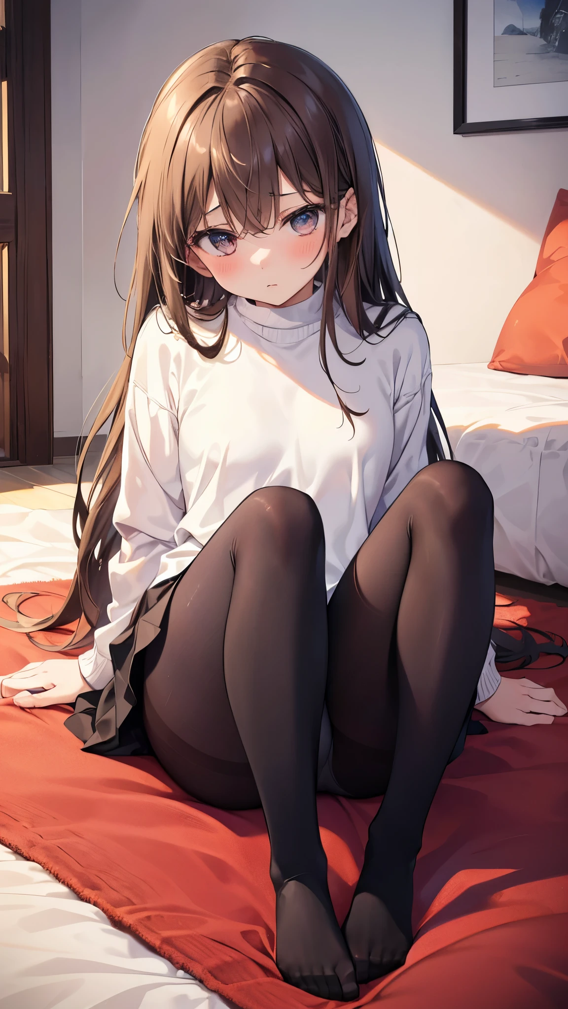 highest quality, masterpiece, High resolution, (Head to toe full body view), Front view from slightly below, Symmetrical Configuration, Precisely balanced composition across the body、18-year-old, Slim and beautiful girl, alone, (Small breasts), (No shoes), Long brown hair, bangs, (Black Pantyhose), (Sit on the floor with your legs open), (Spread-legged pose on bed), (Her legs were spread、White panties are visible.), (Open your mouth with a pained expression), blush, Shy big eyes, Looking into the camera, high school girl'Blazer uniform, Checkered pleated skirt