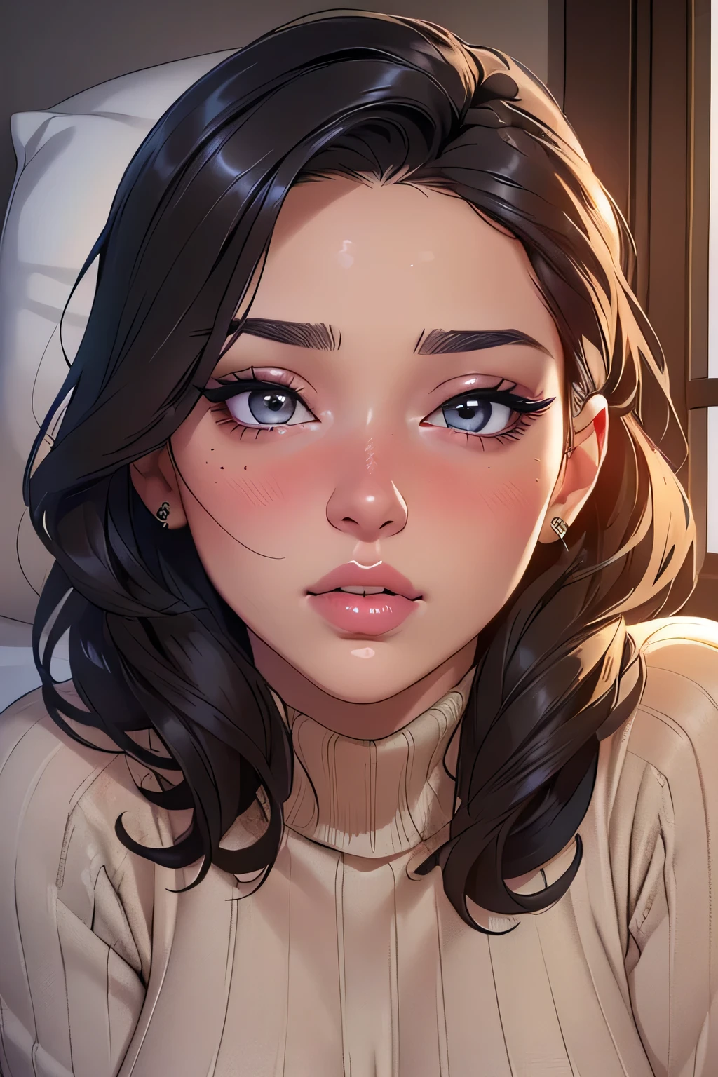 (best quality, ultra-detailed, realistic:1.37),beautiful detailed eyes,beautiful detailed lips,long eyelashes,perfectly styled hair,gorgeous makeup,sexy seductive gaze,intense blushing,sensual appearance,oversized sweater,natural light,window,beautiful face,bed,pillow,viewer.