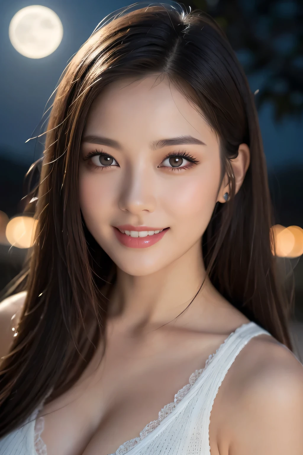 Body portrait, 8K, thin and beautiful eyes, Dindal effect, masterpiece, top quality, high quality, high resolution, very detailed photo, (natural skin texture, fine skin, hyper realism, super sharpness), high detail skin, (very fine) ), fine skin texture, fine detail, beautiful face, (realistic face), realistic eyes, beautiful and detailed eyes, realistic skin, beautiful skin, surreal, high definition Golden ratio, double eyelids, cute smile, smiling, bursting with laughter, smiling eyes, ((moonlight background at night)) ), body portrait, G cup, big breasts, big breasts, big breasts, glamorous, sexy knit dress,