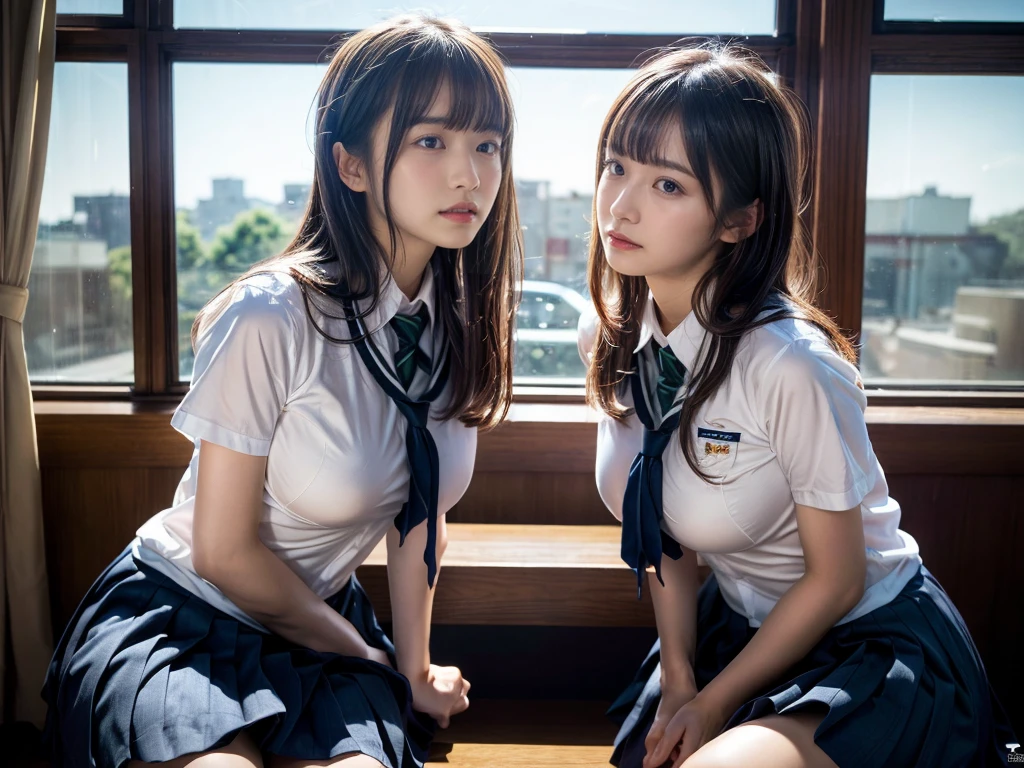 (RAW photo, 4k, masterpiece, high resolution, extremely complex) (realistic: 1.4), cinematic lighting
 ((2 girls, 2 schoolgirls)),Slam Dunk's,blushing,((innocent)),bright eyes,round eyes,blunt bangs,(straight hair:1.3),black hair,large breasts,wide hips,Summer Noon, ,Hot, (Best Quality), (Highres), (an Extremely Delicate and Beautiful),(Beautiful 8k face),(Brown eyes),short bob hair,( spectators),(gigantic breasts),(Play with each other,Touching each other's bodies,Touching the body),(Japanese high school uniform:1.3),blue skirt,(reality),bright lighting,(The background is a luxury hotel room)