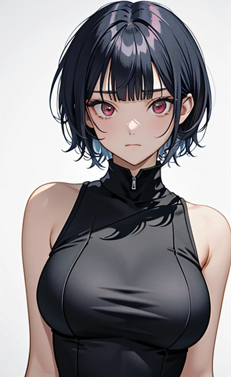 (masterpiece:1.4、top-quality、illustration)、(character focus、,upper body:1.3)、(face:1.5),(1girl),(dark persona:1.2),(Beautiful eyes:1.4),cute face,(red eyes:1.3)、(tareme:1.3)、(:1.3),
),(stand:1.4),、(),(),
(blue grey hair),(short hair:1.5)、
,(),（sleeveless turtleneck china dress:1.5),
(blunt bangs),(sidelocks:1.3), (large breasts)、
、slender、zydG