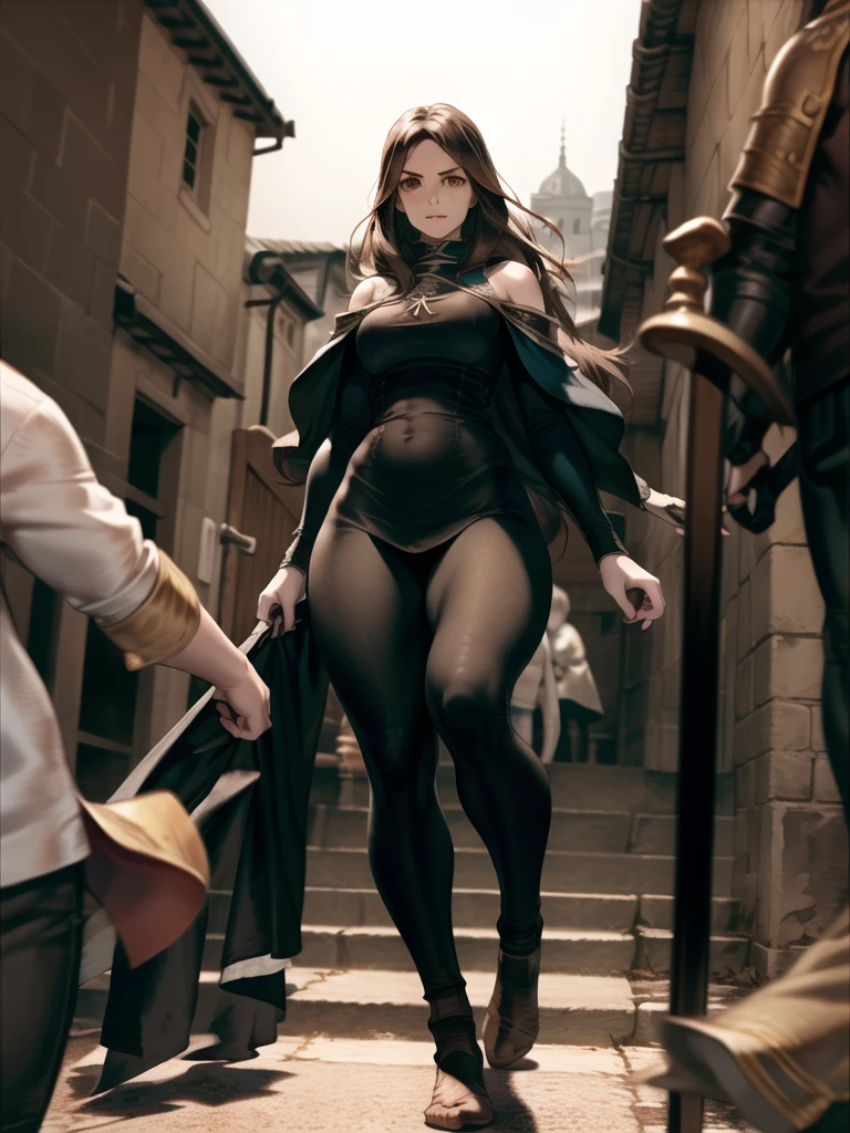 a female warrior with a tattered cloak walking away, long flowing hair, swordsman-like, light armor, slender figure, toned thighs, toned round buttocks, (wearing earth-toned long leggings), medieval European old town setting, swirling dust, low angle shot, viewed from below, people cheering the triumphant hero