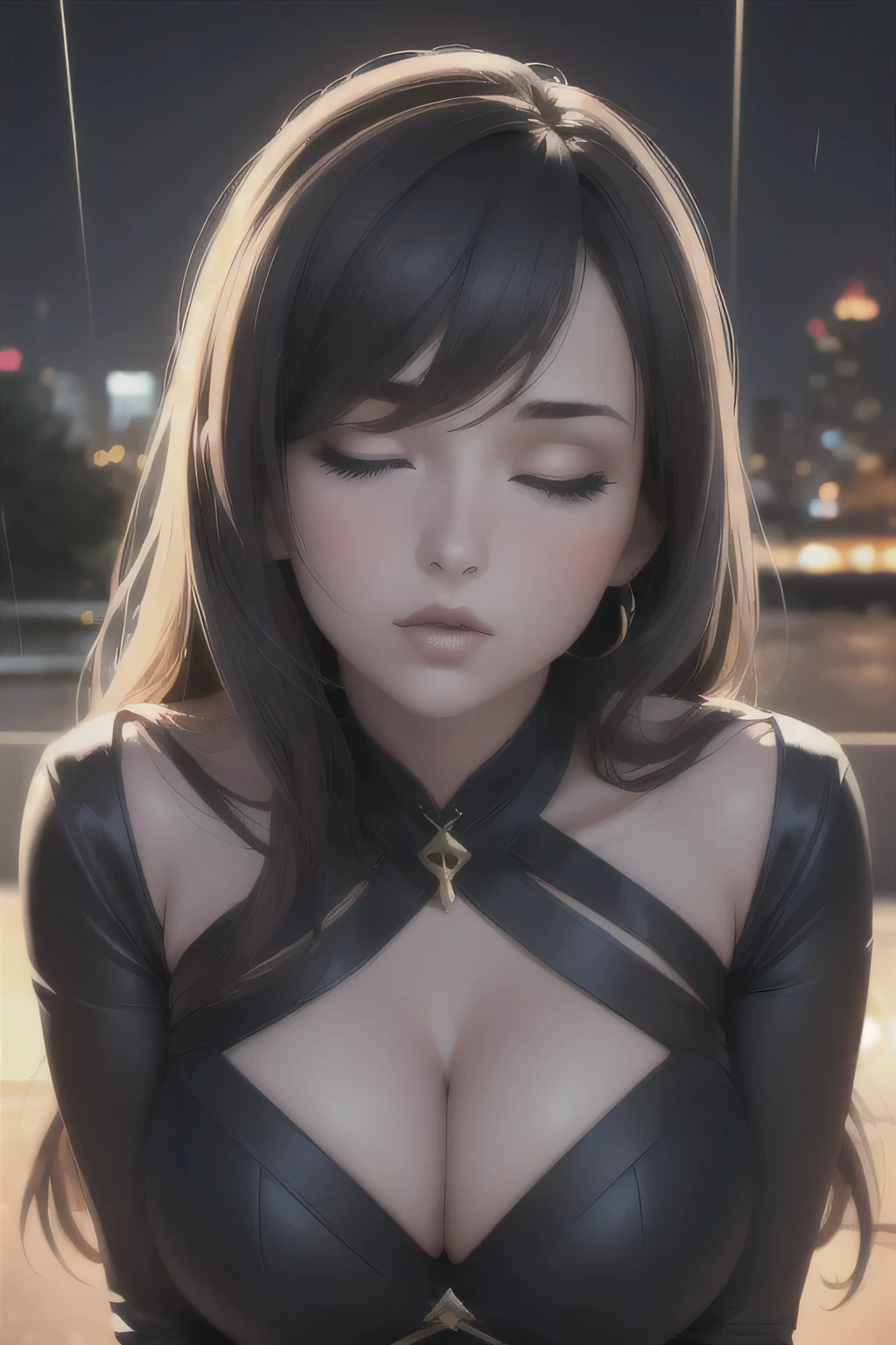 A sexy woman with seductive eyes, showing a hint of cleavage, bending forward through a car window, captured in the enchanting night time with raindrops gently falling. The artwork is an exquisite oil painting featuring vivid colors and ultra-detailed brushstrokes. (best quality,4k,8k,highres,masterpiece:1.2),ultra-detailed,(realistic,photorealistic,photo-realistic:1.37) Medium: oil painting, capturing the woman's alluring gaze and captivating presence. The woman's eyes and face are depicted with exceptional attention to detail, emphasizing her alluring gaze, long eyelashes, and beautifully detailed lips. Her captivating stare instantly captures the viewer's attention, while her confident posture exudes allure and sophistication. Her flowing hair cascades down her shoulder, adding a touch of movement to the scene. The raindrops on the car window create a sense of mystery and sensuality, adding an extra layer of intrigue to the composition. The lighting in the painting beautifully enhances the woman's features, highlighting her seductive nature and intensifying the overall allure of the composition. The vibrant colors used in the artwork bring it to life, with rich hues of deep purples and blues contrasting with warm golden tones. The brushstrokes are meticulously applied, giving the painting a textured and tactile quality. The overall atmosphere of the painting is moody and atmospheric, with a dreamlike quality that transports the viewer into this seductive and enchanting night scene.