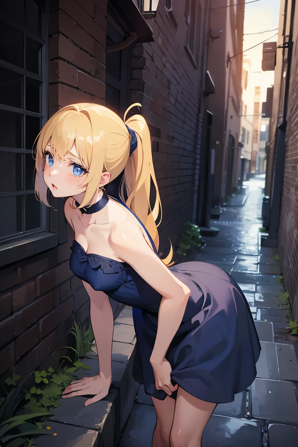 Safe for work, masterpiece, best quality, solo, 1 girl, facing forward, looking at camera, (young female body:1.4), ( medium breasts), slender legs, golden yellow hair, extra long hair, blunt bangs, crystal blue eyes, very detailed eyes, brick wall, night time, its night outside, ponytail, dark alleyway, dark blue dress, form fitting dress,  flustered expression, arched back, arching her back, extra short dress, very short blue dress, sleeveless dress, leaning forwards, arched back, strapless dress, backless dress, exposed back, leaning forward,  arching her back, dress cover her arse