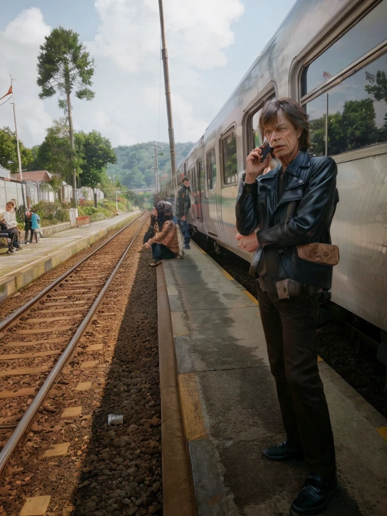 A picture of a modern brave and smart man [Mick Jagger:David Bowie:0.45], detailed fave, wears leather jacket, making call with his cellphone by the train coach, serious and determined, ultra sharp and crisp picture, a photo realistic color comic illustration in Don Lawrence style, Studio Ghibli aesthetic, octane render
