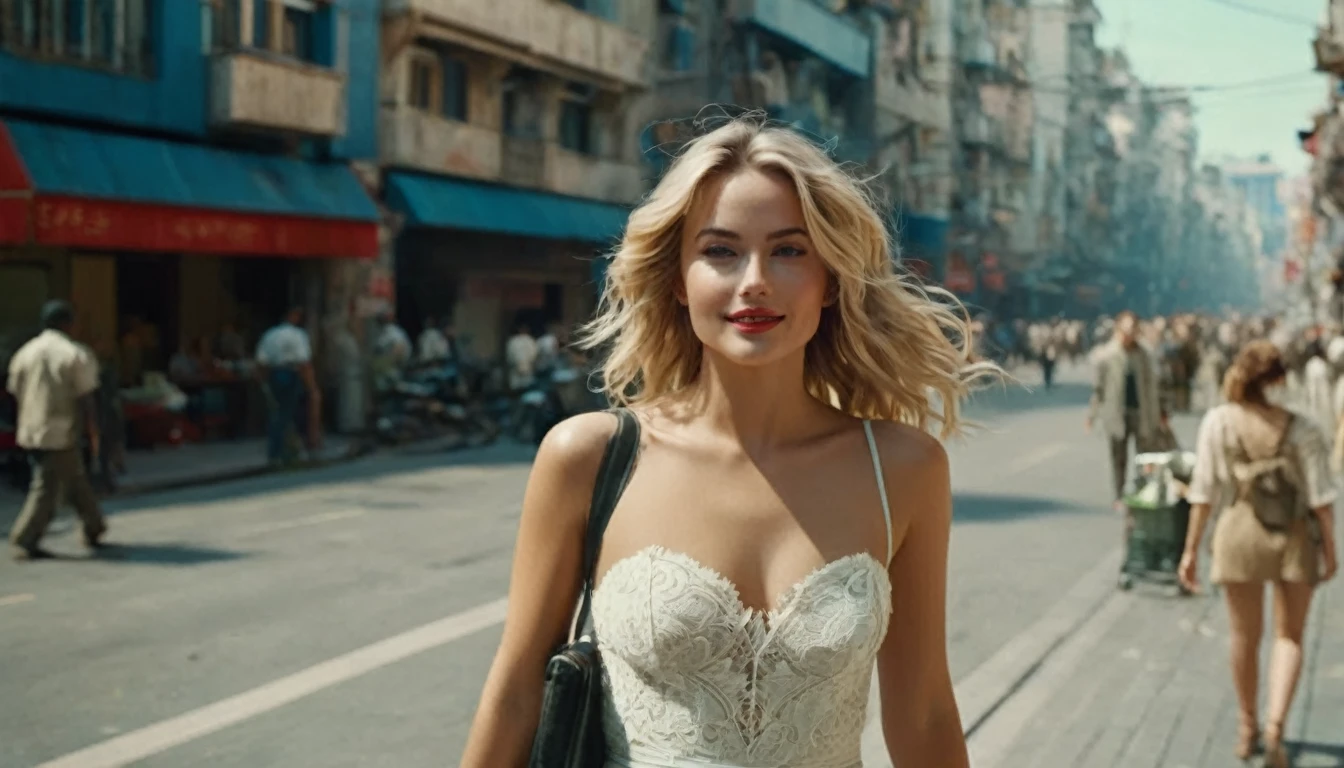 ((high angle camera view from above)) cinematic wide angle full body shot of a short white dressed stylish european long blonde wavy haired woman walks down a street of a cyberpunk megacity at daytime after a nuclear war in a futuristic Dystopian city. Happy smiling face. Blue sky and the sun shines. Consistent structure and movement of the character, static 3D environment, consistent structure of the buildings. Both sides of the pedestrian street are very full of garbage, with overturned bins full of waste that have not been emptied for weeks. some people walking in the background. Garbage mounds towers in front of the houses. Filthy dump on the street all around. Dystopian megacity, Chaotic, end of the world atmosphere. Dirt and filth is everywhere. She wears a short two piece white silk lace dress. She has stylish make up and luxury hair style. Highly detailed facial features, full lips, upturned nose, best smile, realistic perfect eyes and face. Photorealistic body and face, highly detailed shiny hair and skin. She walks confidently and casually. Sharp focus, depth of field, lifelike textures, best shadows, best quality. Realism, photorealism, hyperrealism, vintage muted color tones, lomochrome, natural lights, cinematic lighting, contrast lighting, best quality, insanely intricate details, hdr, uhd 8k, 35 mm film, analog,((1970s movie style)), retro, vintage color grading,Award - winning photograph, Masterpiece, 16k,hyper detailed,sfumato, chiaroscuro, beautiful woman, perfect face, rule of thirds, highly detailed hair, ((detailed face)), ((detailed facial features)), (finely detailed skin), pale skin, intricate details, amazing fine detail, neutral colors, Soft front light,cinematic lighting, dramatic lighting,dappled light on face, backlight on hair, sharp focus, wide angle, film grain, dslr, raw photo, photographed on Nikon
