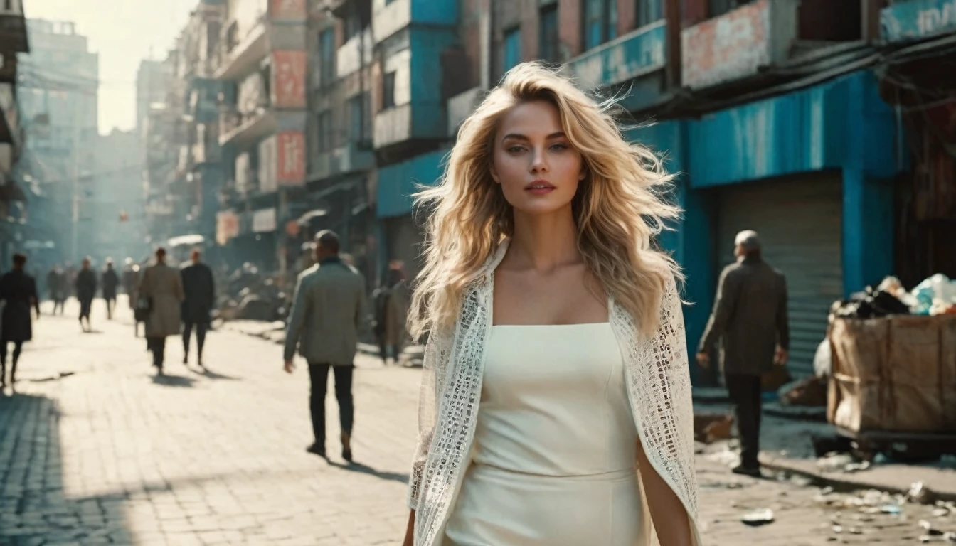 ((high angle camera view from above)) cinematic wide angle full body shot of a short white dressed stylish european long blonde wavy haired woman walks down a street of a cyberpunk megacity at daytime after a nuclear war in a futuristic Dystopian city. Happy smiling face. Blue sky and the sun shines. Consistent structure and movement of the character, static 3D environment, consistent structure of the buildings. Both sides of the pedestrian street are very full of garbage, with overturned bins full of waste that have not been emptied for weeks. some people walking in the background. Garbage mounds towers in front of the houses. Filthy dump on the street all around. Dystopian megacity, Chaotic, end of the world atmosphere. Dirt and filth is everywhere. She wears a short two piece white silk lace dress. She has stylish make up and luxury hair style. Highly detailed facial features, full lips, upturned nose, best smile, realistic perfect eyes and face. Photorealistic body and face, highly detailed shiny hair and skin. She walks confidently and casually. Sharp focus, depth of field, lifelike textures, best shadows, best quality. Realism, photorealism, hyperrealism, vintage muted color tones, lomochrome, natural lights, cinematic lighting, contrast lighting, best quality, insanely intricate details, hdr, uhd 8k, 35 mm film, analog,((1970s movie style)), retro, vintage color grading,Award - winning photograph, Masterpiece, 16k,hyper detailed,sfumato, chiaroscuro, beautiful woman, perfect face, rule of thirds, highly detailed hair, ((detailed face)), ((detailed facial features)), (finely detailed skin), pale skin, intricate details, amazing fine detail, neutral colors, Soft front light,cinematic lighting, dramatic lighting,dappled light on face, backlight on hair, sharp focus, wide angle, film grain, dslr, raw photo, photographed on Nikon