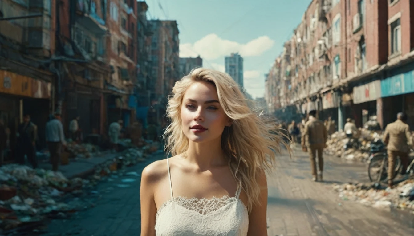 ((high angle camera view from above)) cinematic wide angle full body shot of a short white dressed stylish european long blonde wavy haired woman walks down a street of a cyberpunk megacity at daytime after a nuclear war in a futuristic Dystopian city. Happy smiling face. Blue sky and the sun shines. Consistent structure and movement of the character, static 3D environment, consistent structure of the buildings. Both sides of the pedestrian street are very full of garbage, with overturned bins full of waste that have not been emptied for weeks. some people walking in the background. Garbage mounds towers in front of the houses. Filthy dump on the street all around. Dystopian megacity, Chaotic, end of the world atmosphere. Dirt and filth is everywhere. She wears a short two piece white silk lace dress. She has stylish make up and luxury hair style. Highly detailed facial features, full lips, upturned nose, best smile, realistic perfect eyes and face. Photorealistic body and face, highly detailed shiny hair and skin. She walks confidently and casually. Sharp focus, depth of field, lifelike textures, best shadows, best quality. Realism, photorealism, hyperrealism, vintage muted color tones, lomochrome, natural lights, cinematic lighting, contrast lighting, best quality, insanely intricate details, hdr, uhd 8k, 35 mm film, analog,((1970s movie style)), retro, vintage color grading,Award - winning photograph, Masterpiece, 16k,hyper detailed,sfumato, chiaroscuro, beautiful woman, perfect face, rule of thirds, highly detailed hair, ((detailed face)), ((detailed facial features)), (finely detailed skin), pale skin, intricate details, amazing fine detail, neutral colors, Soft front light,cinematic lighting, dramatic lighting,dappled light on face, backlight on hair, sharp focus, wide angle, film grain, dslr, raw photo, photographed on Nikon