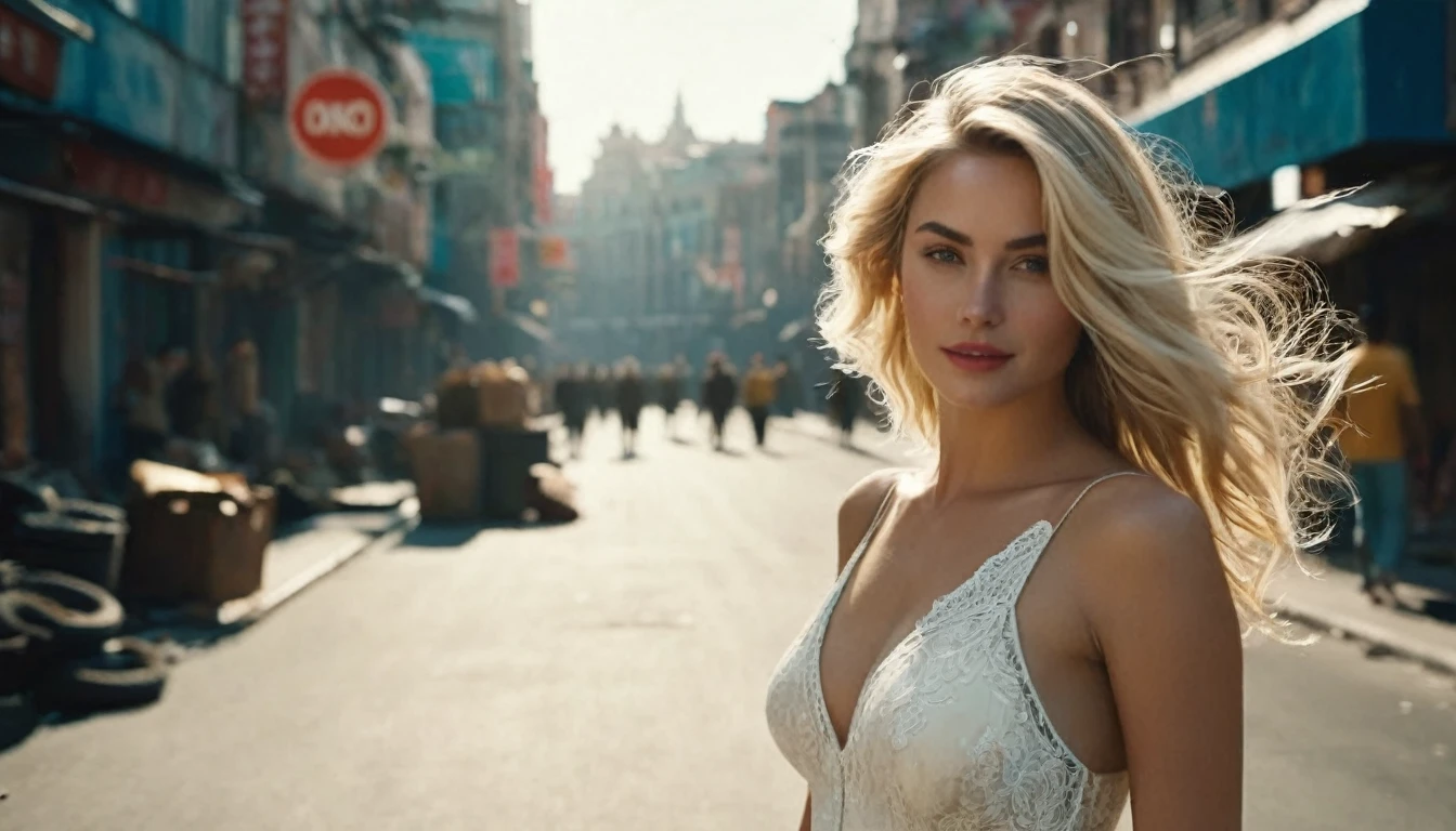 ((high angle camera view from above)) cinematic wide angle full body shot of a short white dressed stylish european long blonde wavy haired woman walks down a street of a cyberpunk megacity at daytime after a nuclear war in a futuristic Dystopian city. Happy smiling face. Blue sky and the sun shines. Consistent structure and movement of the character, static 3D environment, consistent structure of the buildings. Both sides of the pedestrian street are very full of garbage, with overturned bins full of waste that have not been emptied for weeks. some people walking in the background. Garbage mounds towers in front of the houses. Filthy dump on the street all around. Dystopian megacity, Chaotic, end of the world atmosphere. Dirt and filth is everywhere. She wears a short two piece white silk lace dress. She has stylish make up and luxury hair style. Highly detailed facial features, full lips, upturned nose, best smile, realistic perfect eyes and face. Photorealistic body and face, highly detailed shiny hair and skin. She walks confidently and casually. Sharp focus, depth of field, lifelike textures, best shadows, best quality. Realism, photorealism, hyperrealism, vintage muted color tones, lomochrome, natural lights, cinematic lighting, contrast lighting, best quality, insanely intricate details, hdr, uhd 8k, 35 mm film, analog,((1970s movie style)), retro, vintage color grading,Award - winning photograph, Masterpiece, 16k,hyper detailed,sfumato, chiaroscuro, beautiful woman, perfect face, rule of thirds, highly detailed hair, ((detailed face)), ((detailed facial features)), (finely detailed skin), pale skin, intricate details, amazing fine detail, neutral colors, Soft front light,cinematic lighting, dramatic lighting,dappled light on face, backlight on hair, sharp focus, wide angle, film grain, dslr, raw photo, photographed on Nikon