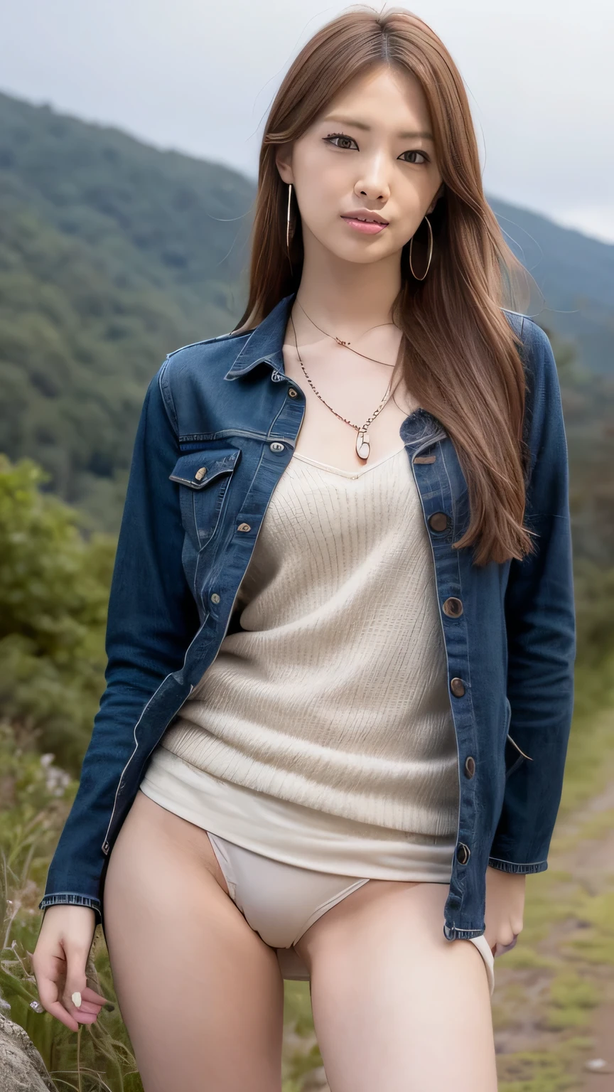 ((High-definition images, masterpiece, atmospheric perspective, 8K, Super detailed, Accurate, highest quality, single shot)), (casual style), Jacket, unbuttoned shirt, swollen areole, (round face, realistic eye size, droopy eyes, blush, smile), (((legs to head ))), (in the forest, Mountain, rock, Narrow River, At night), blonde hair, small earrings, thin necklace, (light makeup), mini skirt