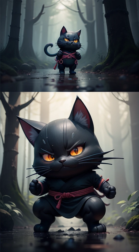 Create a vibrant dark fantasy cute ninja cat in a simple minimalist cartoon style, The background is a beautiful forest, rain, Octane Rendering, 8K