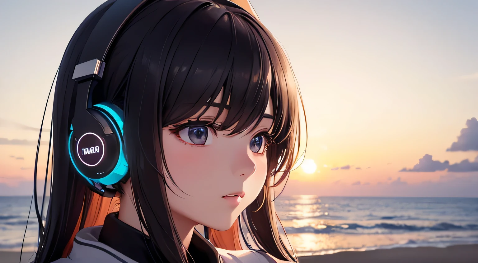 Girl using wireless headphones. Gazing at the horizon on the beach, Symmetric, Complex lighting, Volumetric, beautiful, Rich and deep colours, Sharp focus, Super detailed, Mysterious, Anime Style, Lots of details