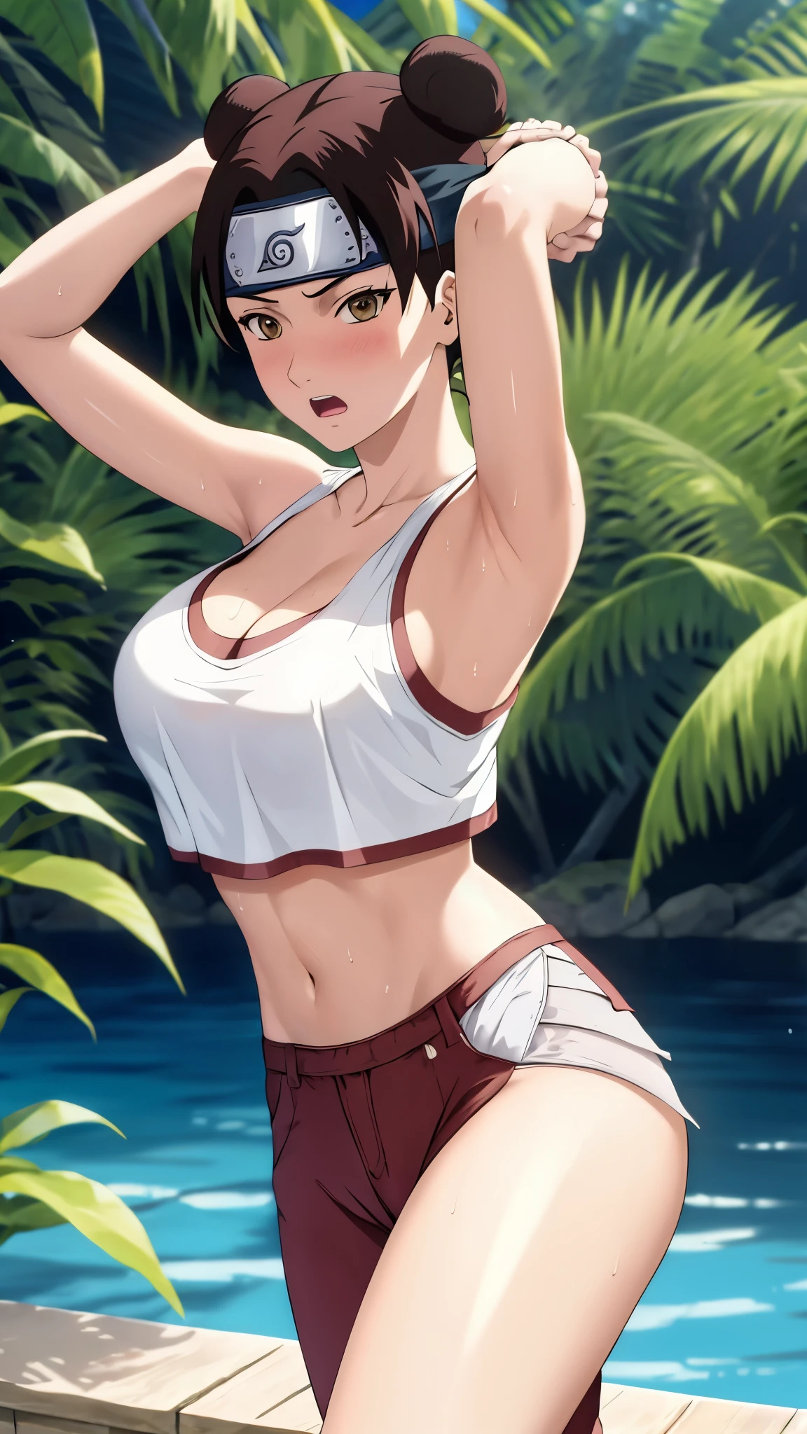 masterpiece, absurdres , (intricate details), (colorful),cinematic lighting,bust shot,extremely detailed CG unity 8k wallpaper,tenten\(shippuden\), 1girl, solo, large  breasts, forehead protector, konohagakure symbol, headband, looking at viewer, poolside, (white tank top), ripped jeans, midriff, standing, (blushing), hands behind head, cleavage, (wide open mouth),