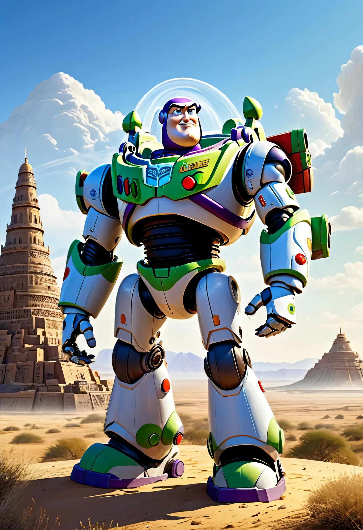 masterpiece, illustration, Giant futuristic cyborg Buzz Lightyear, Military fort made of carved stone，Intricate Indian ornate patterns，Standing in the distant desert land, (Tower of Babel), Light blue sky, Sunlight, shadow, Dark grass with stones, Uninhabitable, barren land, nature, (Mountains), Dramatic shadow，award winning digital art，Concept Art，Highly detailed，8k，Photo-realistic