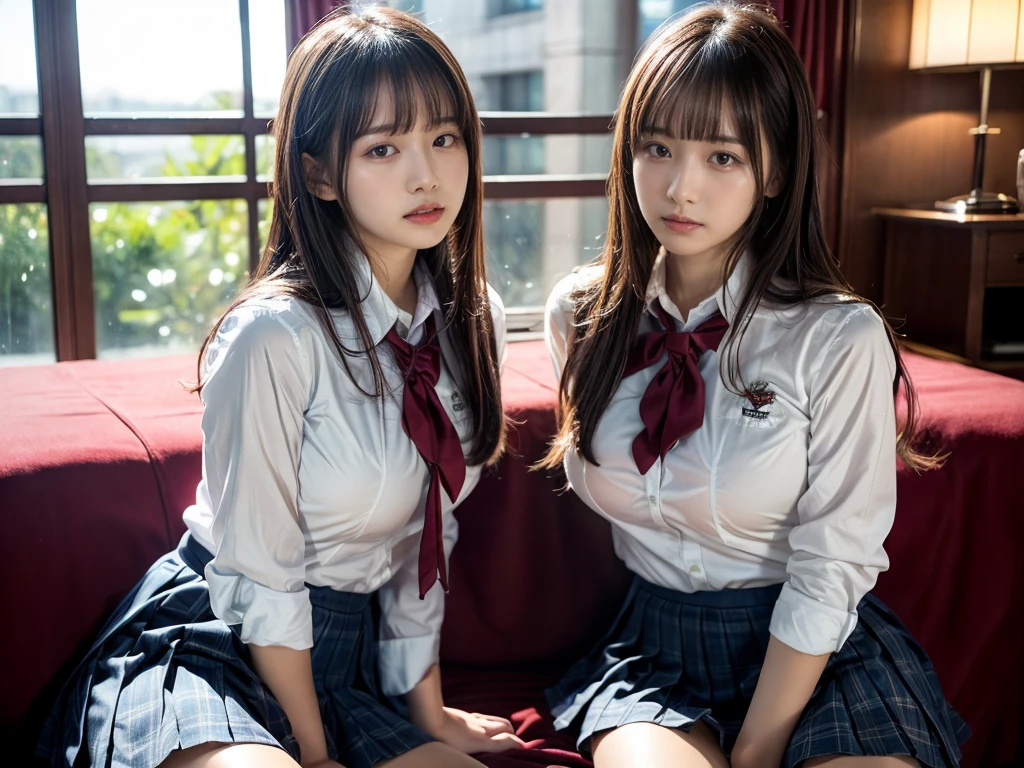(RAW photo, 4k, masterpiece, high resolution, extremely complex) (realistic: 1.4), cinematic lighting
((2 girls, 2 schoolgirls)),Slam Dunk's,blushing,((innocent)),bright eyes,round eyes,blunt bangs,(straight hair:1.3),black hair,large breasts,wide hips,Summer Noon, ,Hot, (Best Quality), (Highres), (an Extremely Delicate and Beautiful),(Beautiful 8k face),(Brown eyes),short bob hair,( spectators),(gigantic breasts),(Play with each other,Touching each other's bodies,Touching the body),(Japanese high school uniform:1.3),blue skirt,(reality),bright lighting,(The background is a luxury hotel room)