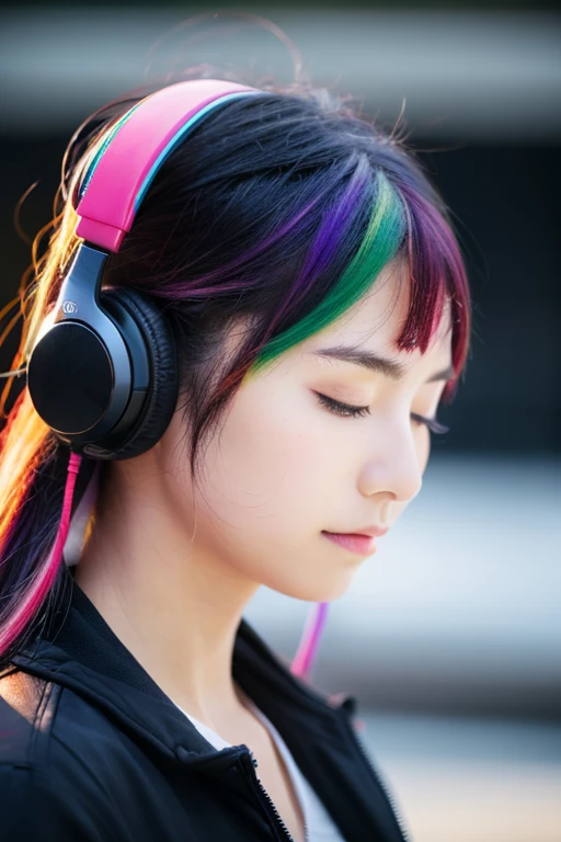 multicolored hair, behind-the-head headphones, eyes closed, closed eyes, thinking, pensive, silhouette, UHD, masterpiece, best quality