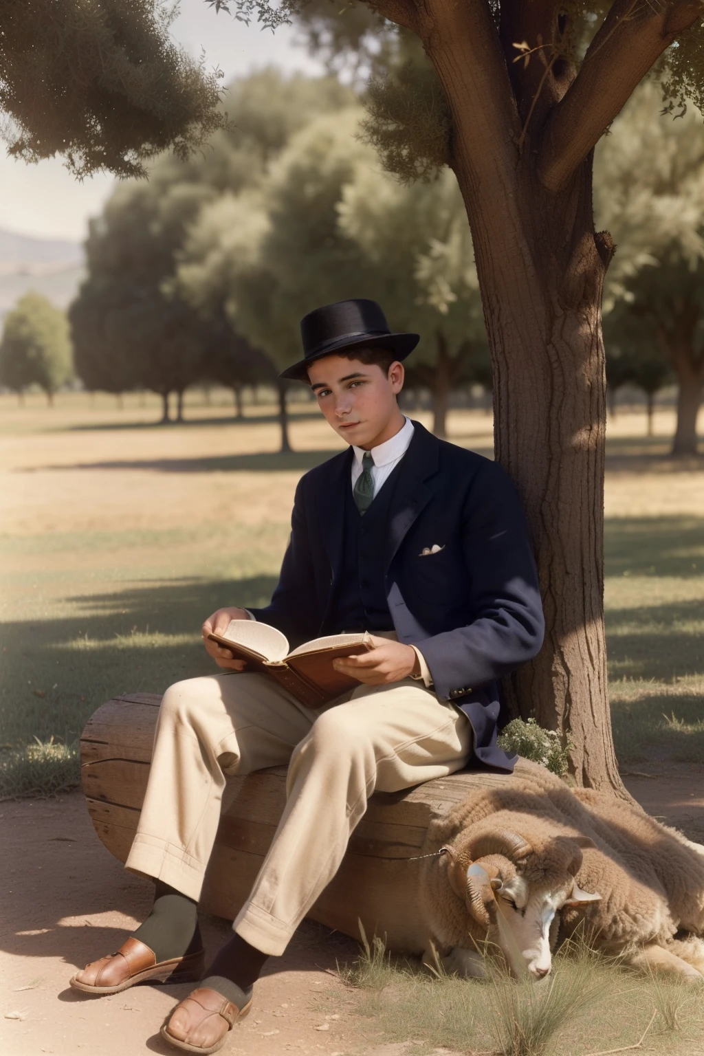 Andalusia, 1900. A young ((((18-year-old)) boy Shepherd)), ((a sheep in the background)), sitting under a tree, reading a book, ((((casual clothings from the 1900s)))), ((hairstyle of the 1900s)), ((colorful))