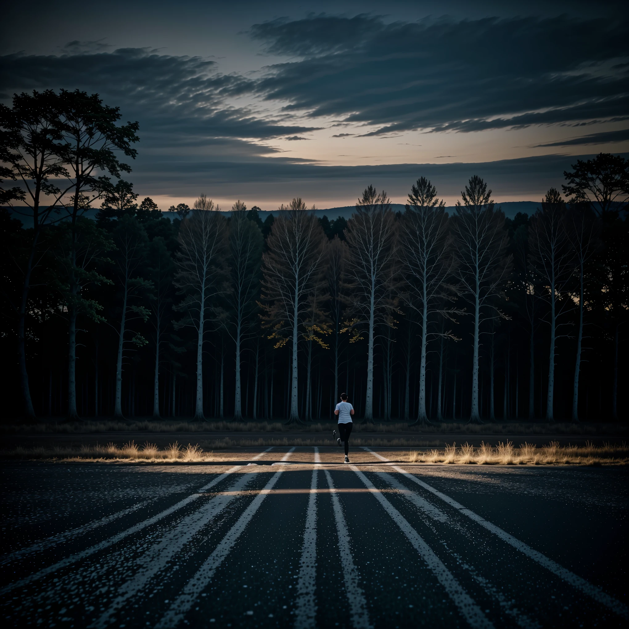 In dark landscape a woman running on road, man in solitude in entire landscape