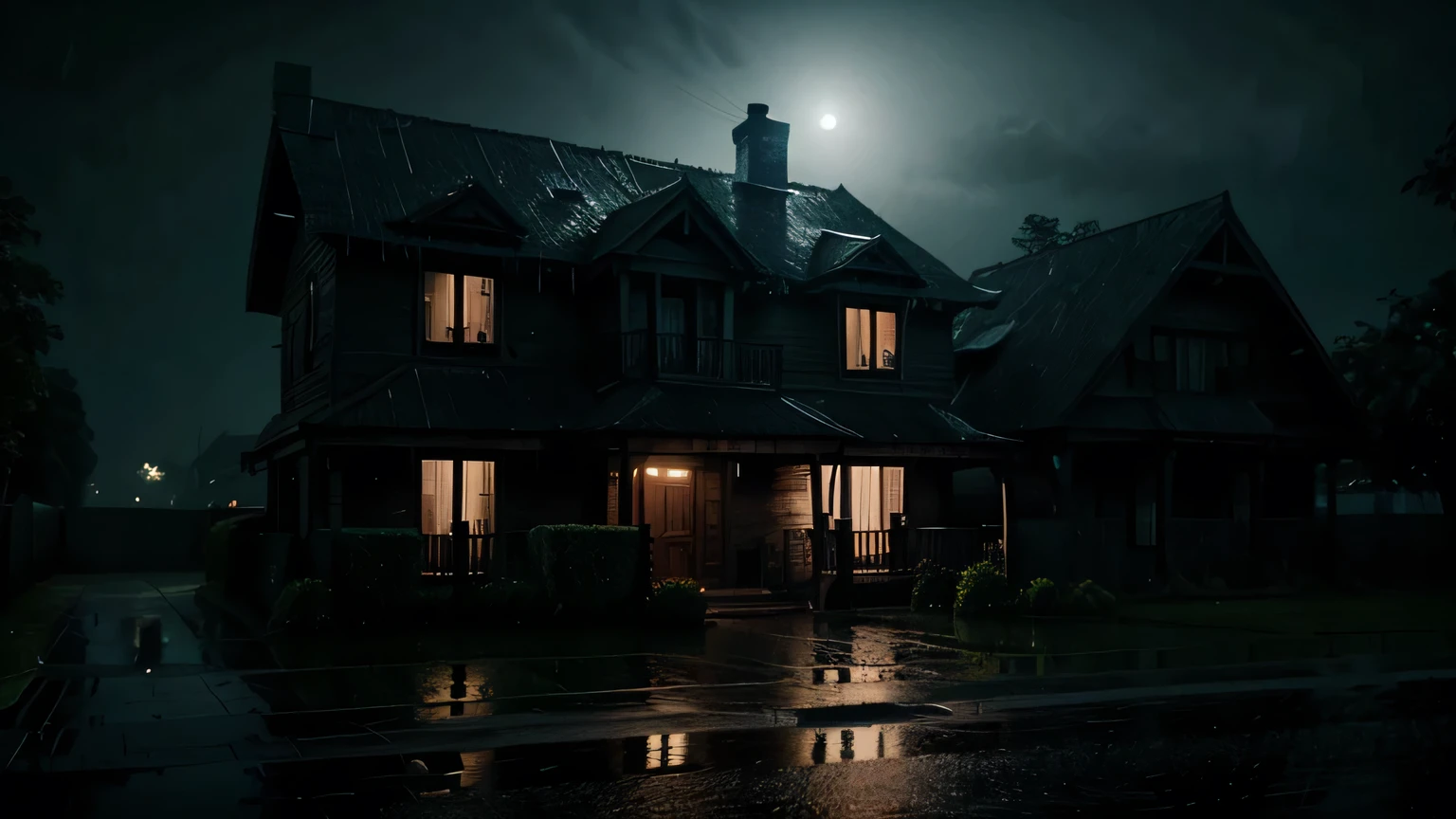 a house at night raining horror 4k hyper realistic