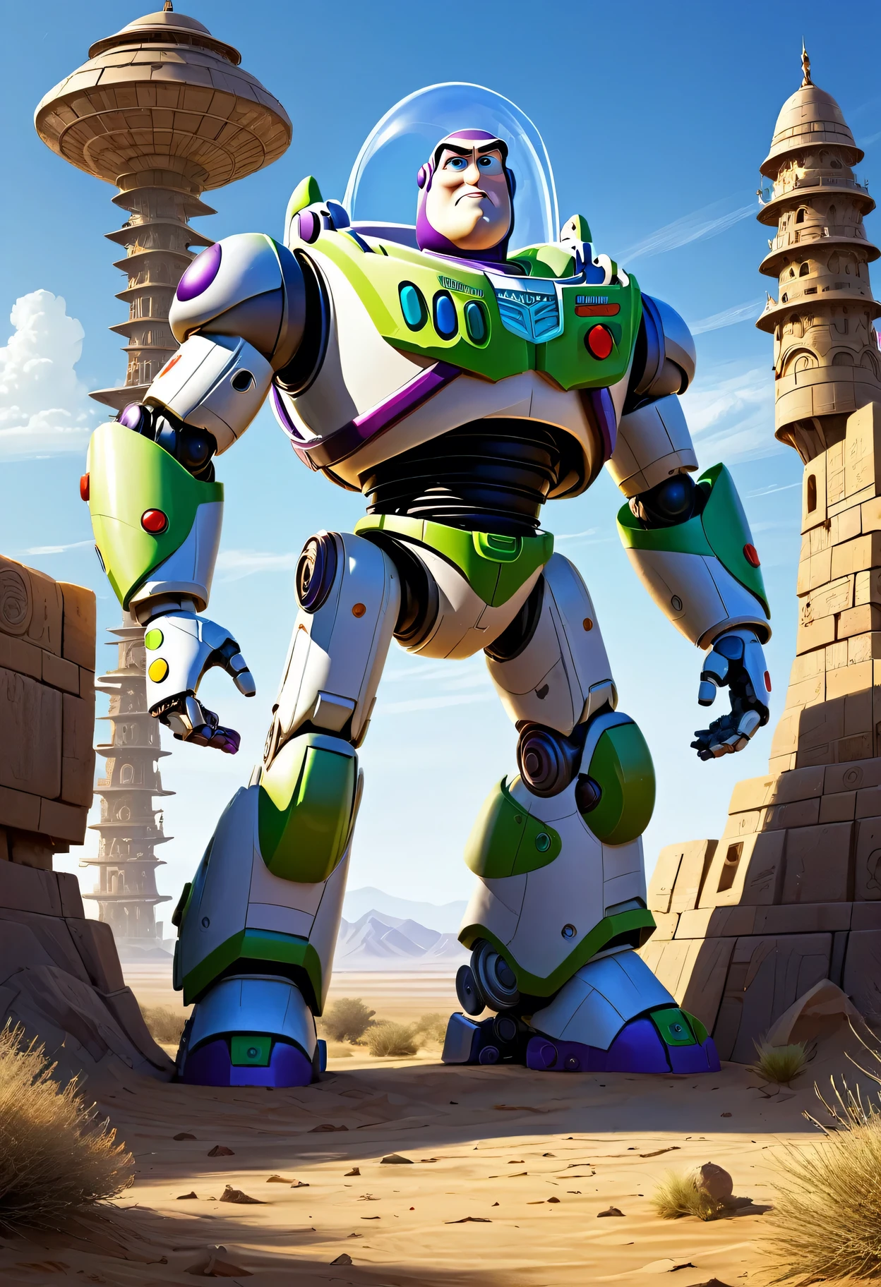 masterpiece, illustration, Giant futuristic cyborg Buzz Lightyear, Military fort made of carved stone，Intricate Indian ornate patterns，Standing in the distant desert land, (Tower of Babel), Light blue sky, Sunlight, shadow, Dark grass with stones, Uninhabitable, barren land, nature, (Mountains), Dramatic shadow，award winning digital art，Concept Art，Highly detailed，8k，Photo-realistic