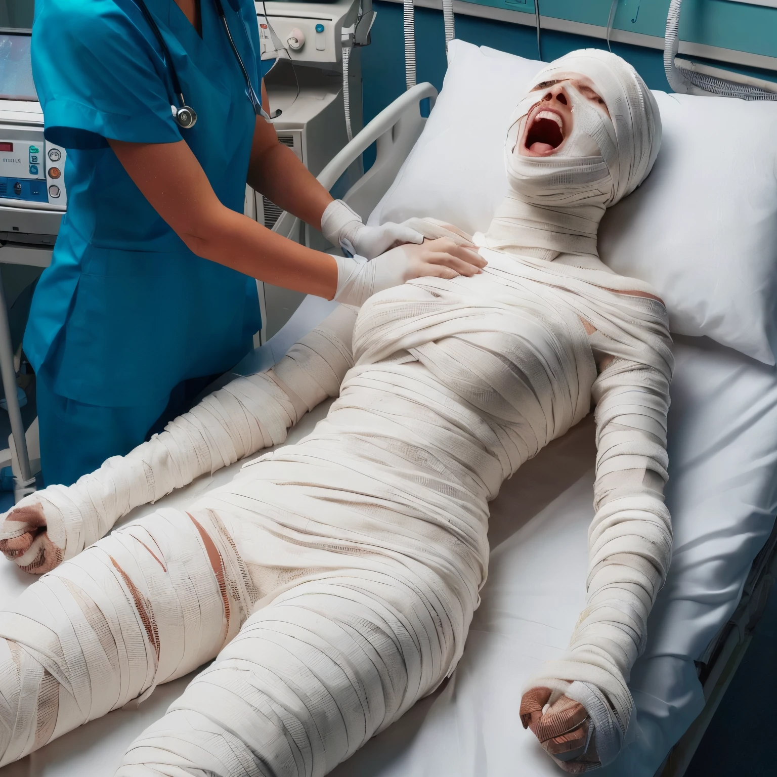 hyperealistic, arafed woman with bandages on her body being examined by a nurse, mummified in bandages, disposal mummy, covered in bandages, with wires and bandages, mummy, surgical impliments, medical photography, screaming, low contrast