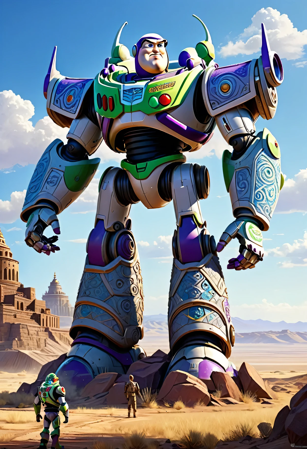 masterpiece, illustration, Giant futuristic cyborg Buzz Lightyear, Military fort made of carved stone，Intricate Indian ornate patterns，Standing in the distant desert land, (Tower of Babel), Light blue sky, Sunlight, shadow, Dark grass with stones, Uninhabitable, barren land, nature, (Mountains), Dramatic shadow，award winning digital art，Concept Art，Highly detailed，8k，Photo-realistic