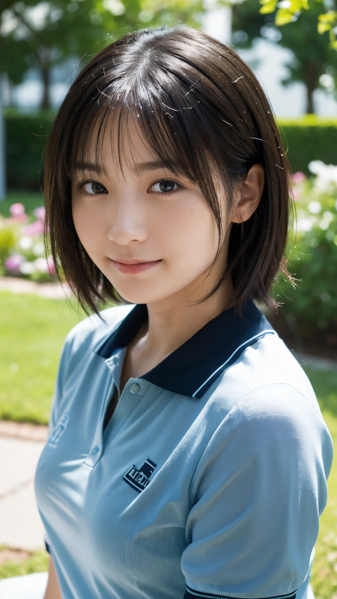 (highest quality,masterpiece:1.3,Ultra-high resolution),(Super detailed,Caustics,8k), (Photorealistic:1.4, RAW shooting),garden,grass,sit,Japanese,20-year-old,cute,(smile),Looking into the camera,Black short hair,Polo shirt,Bust up shot,Low - Angle,Low position,(Face Focus),(Face close up),Natural light