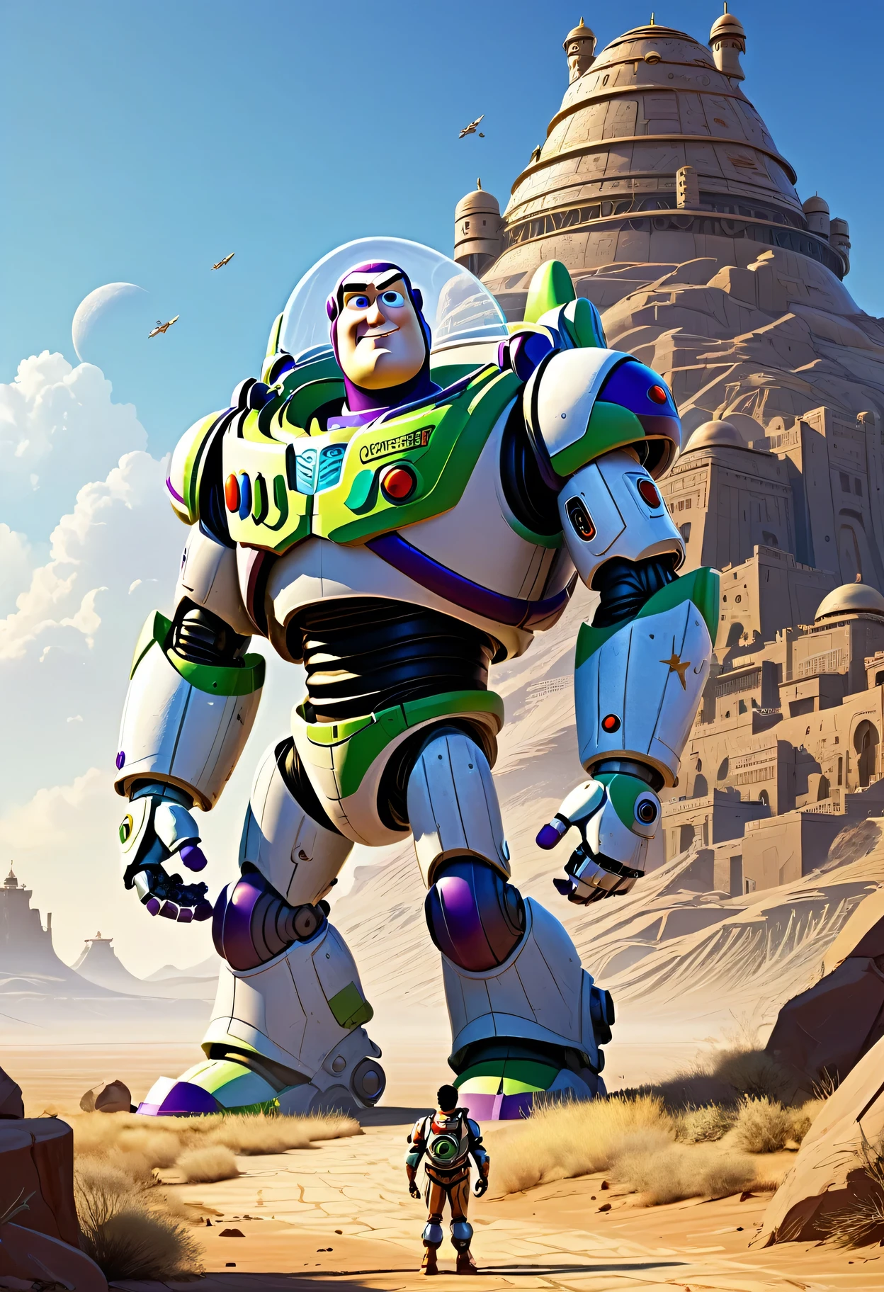 masterpiece, illustration, Giant futuristic cyborg Buzz Lightyear, Military fort made of carved stone，Intricate Indian ornate patterns，Standing in the distant desert land, (Tower of Babel), Light blue sky, Sunlight, shadow, Dark grass with stones, Uninhabitable, barren land, nature, (Mountains), Dramatic shadow，award winning digital art，Concept Art，Highly detailed，8k，Photo-realistic