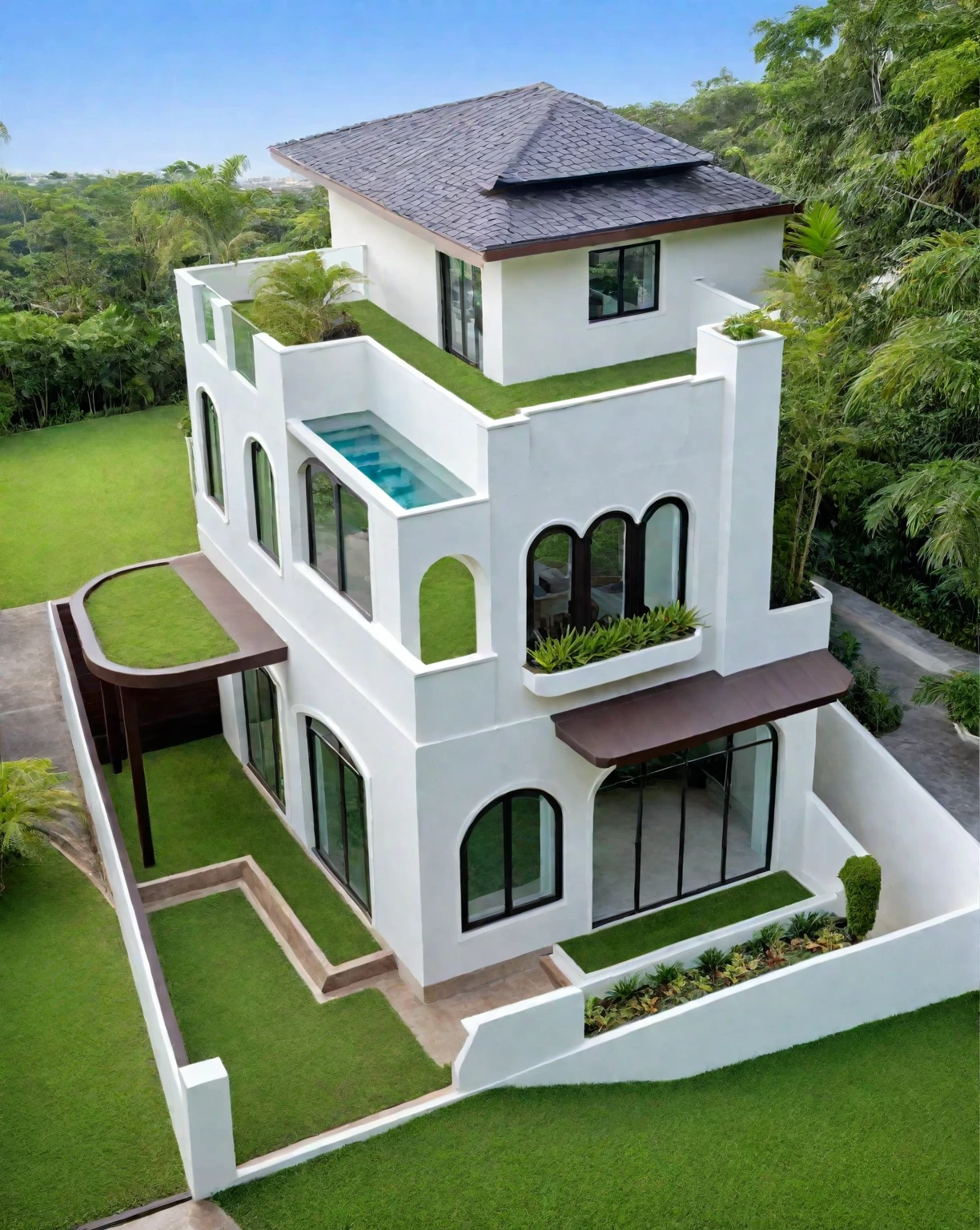 RAW photo,Masterpiece, high quality, best quality, authentic, super detail,
exterior, outdoors, house style modern with white stucco wall, house style modern with brown stucco wall, balcony, railing glass, refection glass windows, indoor furniture, plant and tree near the house, plant on the rooftop,
,grass,tropical garden, trees, beautiful summer sky, beautiful landscape with grass and flower bushes, plants, trees
(day:1.2), vray, 8k, uhd, vivid colour