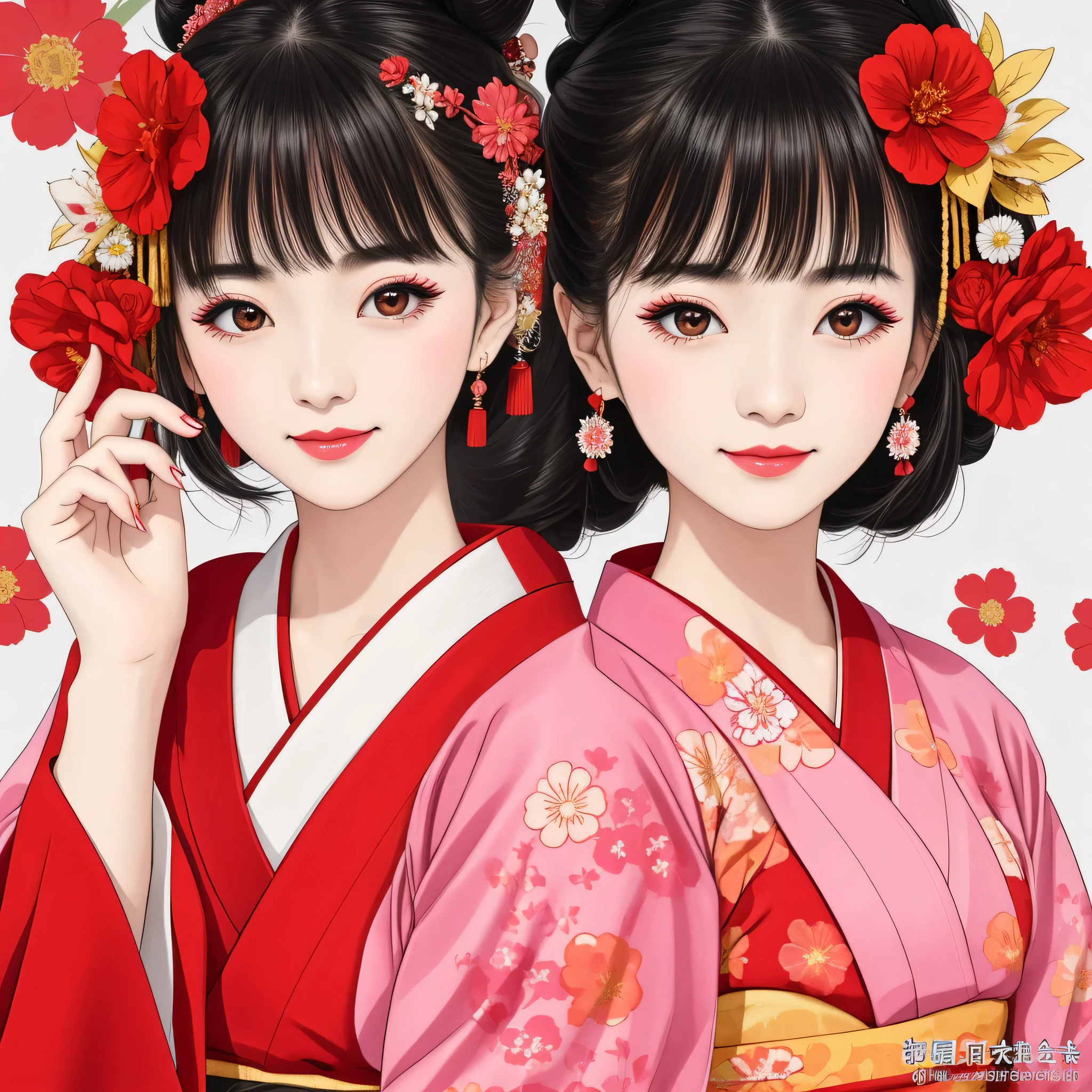 7 sisters, 7 girls with different faces and expressions, dancing gracefully, small faces, top quality, masterpieces, black hair, bun hair, wide angle, diagonally above the waist, magazine cover pose, 8K high resolution, Masterpiece, high resolution, realistic and beautiful light and shadow, top quality, high resolution, very delicate and beautiful, beautiful 8K face, smile and smile. Seven beautiful Japanese girls with eyes, transparent skin, soft hair, eight heads, Japanese style kimonos with red, pink and orange floral patterns on a white background, yukatas, small faces, thin and small noses, red lipstick , glossy skin, very thin eyebrows, overall super high resolution, Maiko-style makeup, fair skin, long and beautiful eyelashes, glossy skin, red cheeks, holding a flower hat prop in one hand, dance, Kasa Odori, Kasanihi Odori, Japan Dance, festival, movie poster style