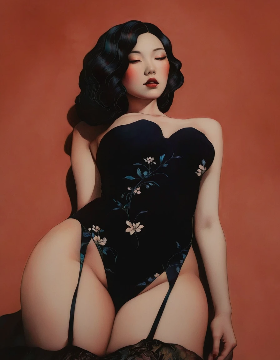chiaroscuro technique on sensual illustration of an elegant , retro and vintage ,silky flower around body, matte painting, by Hannah Dale, by Harumi Hironaka, extremely soft colors, vibrant, pastel, highly detailed, digital artwork, high contrast, dramatic, Blue and white porcelain