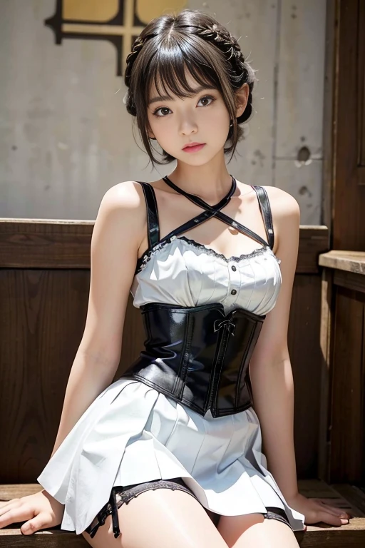 masterpiece, 1 beautiful girl, best quality, 超high resolution, (Reality: 1.4), original photo, movie lighting, Japan, asian beauty, Super beautiful, Beautiful skin, Thin, (超Reality的な), (high resolution), (8K), (Very detailed), (Best Illustration), (beautiful thin eyes), (Super detailed) , Delicate face, Looking at the audience, Direct vision, (Lemon dress,Leather Corset Dress) , short hair, Black Hair, 46 points side bangs, A white church, Neat atmosphere,mini skirt,Garter belt,sit,tiny braids,Braids on both sides of the face