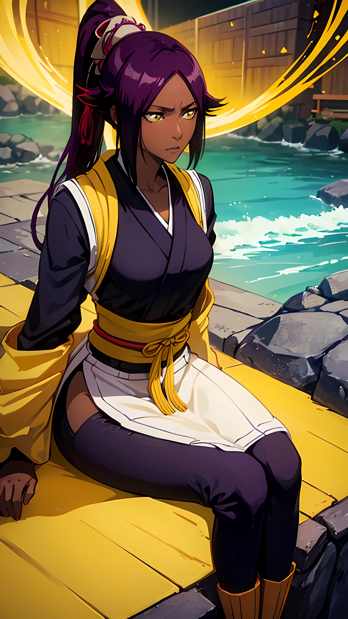 yoruichi shihouin, long hair, (yellow eyes:1.5), ponytail, purple hair, dark skin, dark-skinned female, walking in the japanese village, happy face, relaxing, kimono