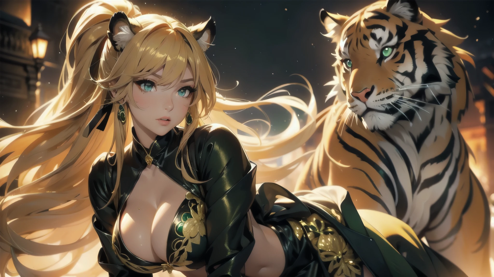 night streets, very large teardrop breasts, side bangs, hair over eye, long ponytail, very intense tanned skin, dark blonde, green eyes, deep cleavage, classy luxurious party dress in black with gold details, ultra detailed, perfect face, thicc, tiger ears, red eyes,