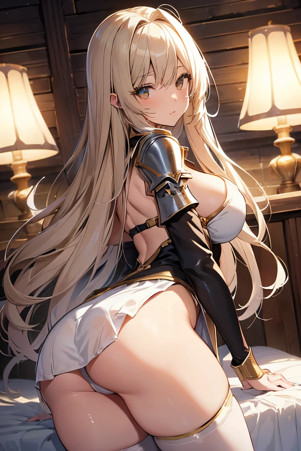 Medieval Knight。crusader。An illustration。girl。gold。Big Breasts。Fantasy。Exposed。Light clothing。White skin。mini skirt。Big Breasts。Showing her panties。With legs apart。Fresnel。The hair is transparent with light。Thick thighs。Big Ass。Looking down at the character。With legs apart。