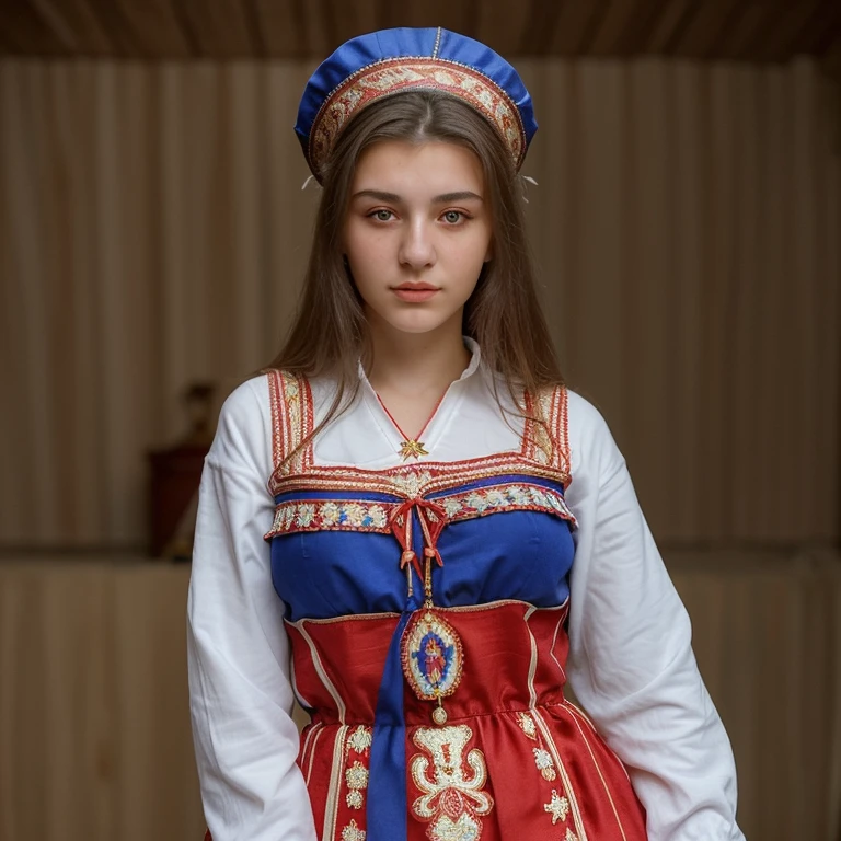 Beautiful woman, 18 years, 🇷🇸 Serbia, serbian ethnicity, dressed in traditional clothing slavic style red blue 