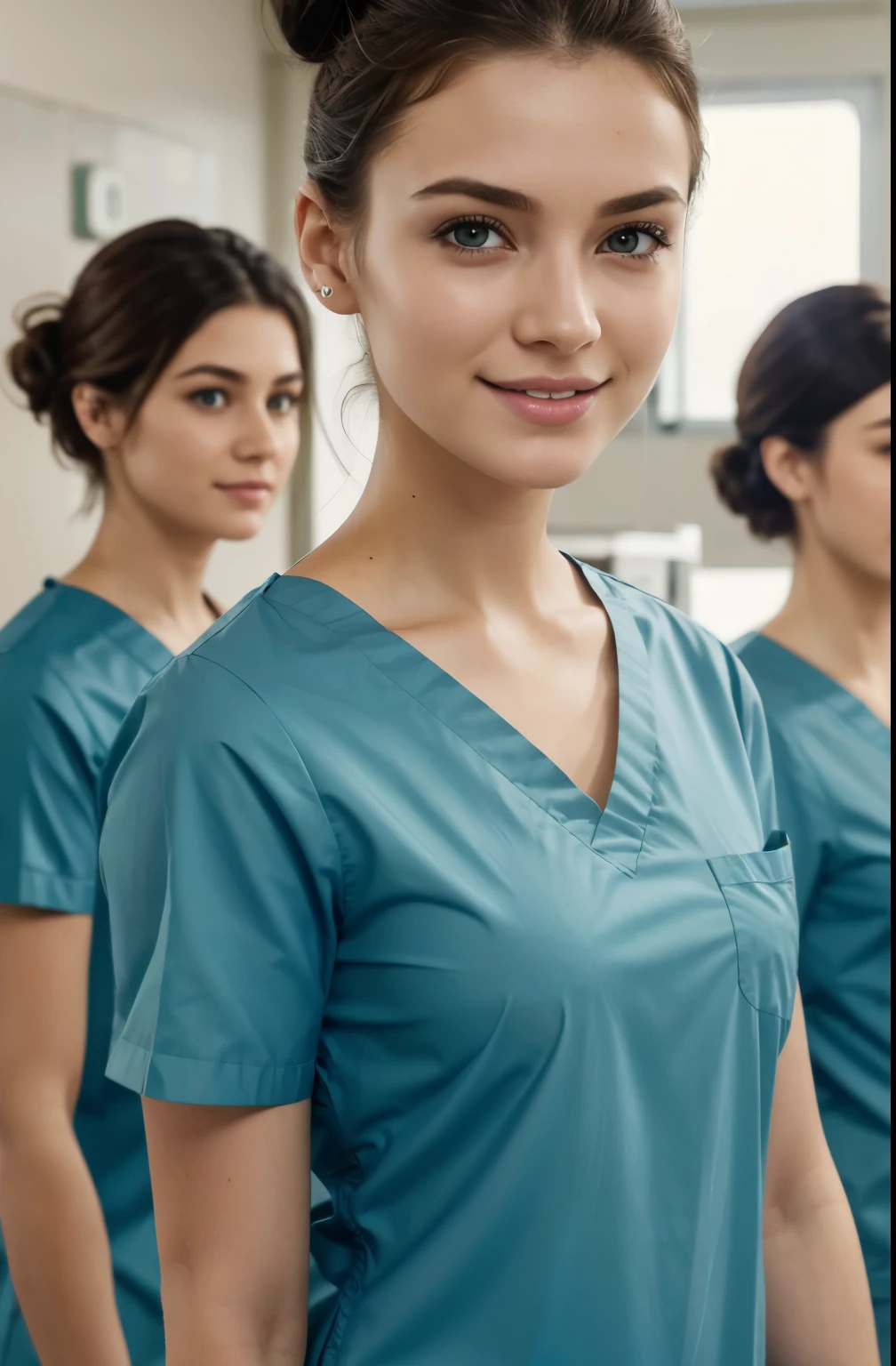 Ultra realistic, Cinematic, team of 3 surgical nurses, 3 french teeanger girls, blonde hair all girls standing, working in surgery, , body, pale skin, beautiful face, big smile, detailed face, ultra soft and ultra light slight small teal women hospital scrubs, teal hospital scrubs, wide angle showing full body, hospital ward, people, bokeh, short hair tied up as hair bun / Chignon