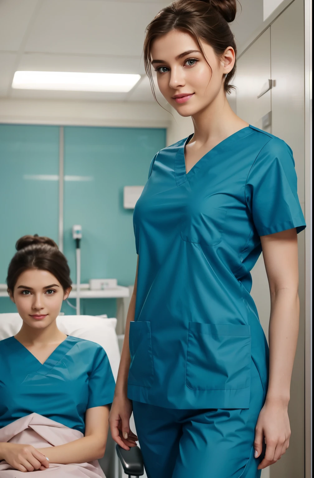 Ultra realistic, Cinematic, team of 3 surgical nurses, 3 french teeanger girls, blonde hair all girls standing, working in surgery, 17 years old, body, pale skin, beautiful face, big smile, detailed face, ultra soft and ultra light slight small teal women hospital scrubs, teal hospital scrubs, wide angle showing full body, hospital ward, people, bokeh, short hair tied up as hair bun / Chignon