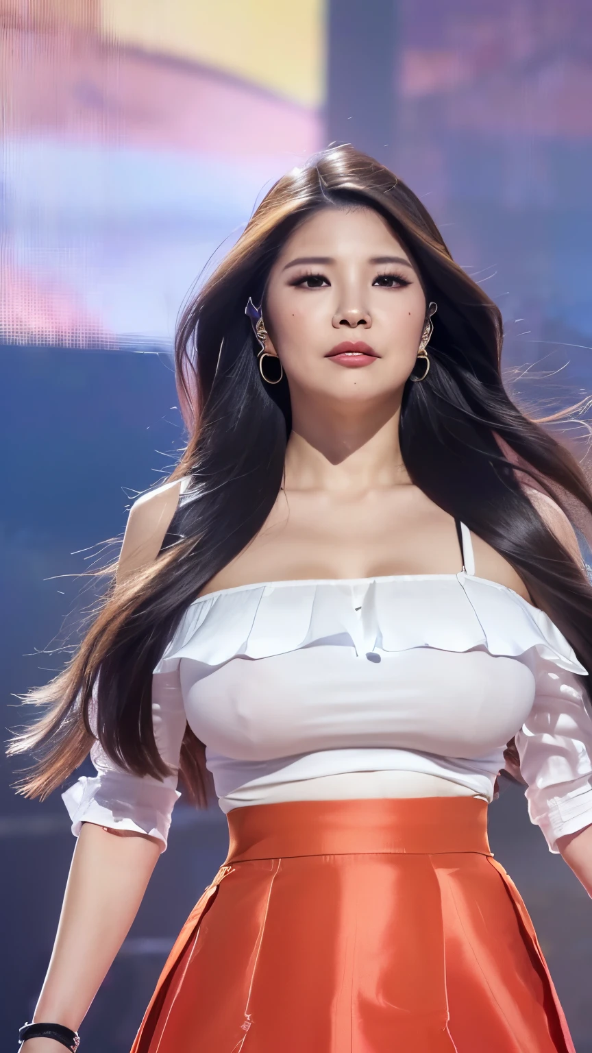 ((highest quality)), ((8K)), ((masterpiece: 1.3)), (Perfect appearance), (Photorealism: 1.6), (Woman standing in the middle of the stage: 1.8), (60 years old, Japanese Mature), ((Realistic skin texture)), (Fine lines all over the skin), (Dull skin), (Facial wrinkles), (Wrinkles around the eyes), double eyelid, Tear bags under the eyelids, (Wide nose wings: 1.4), (Dango nose: 1.2), Woman with long hair, (Smooth Hair), (Long hair blowing in the wind: 1.2), Blouse and long skirt, (A long skirt fluttering in the wind: 1.6), (Voluptuous Body), (Big Breasts: 1.2), (Sagging breasts: 1.2), (Focus on the upper body: 1.6),