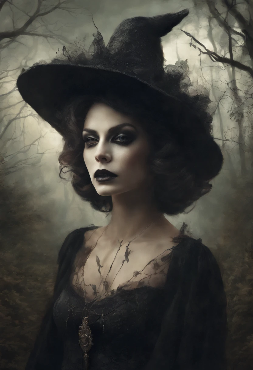 blurred image of a woman in a hat and black dress, fantasia sombria misturada com realismo, deusa da morte in a graveyard, deusa da morte, southern gothic art, classic witch, mulher negra, bruxa escura elegante, assustadora rainha da morte, photo of a mulher negra, artistic style tom bagshaw, beautiful female scary witch, mulher bruxa, seios:1.45, roupa colada no corpo, corpo inteiro