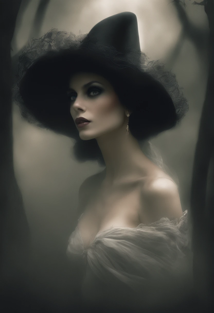 blurred image of a woman in a hat and black dress, fantasia sombria misturada com realismo, deusa da morte in a graveyard, deusa da morte, southern gothic art, classic witch, mulher negra, bruxa escura elegante, assustadora rainha da morte, photo of a mulher negra, artistic style tom bagshaw, beautiful female scary witch, mulher bruxa, seios:1.45, roupa colada no corpo, corpo inteiro