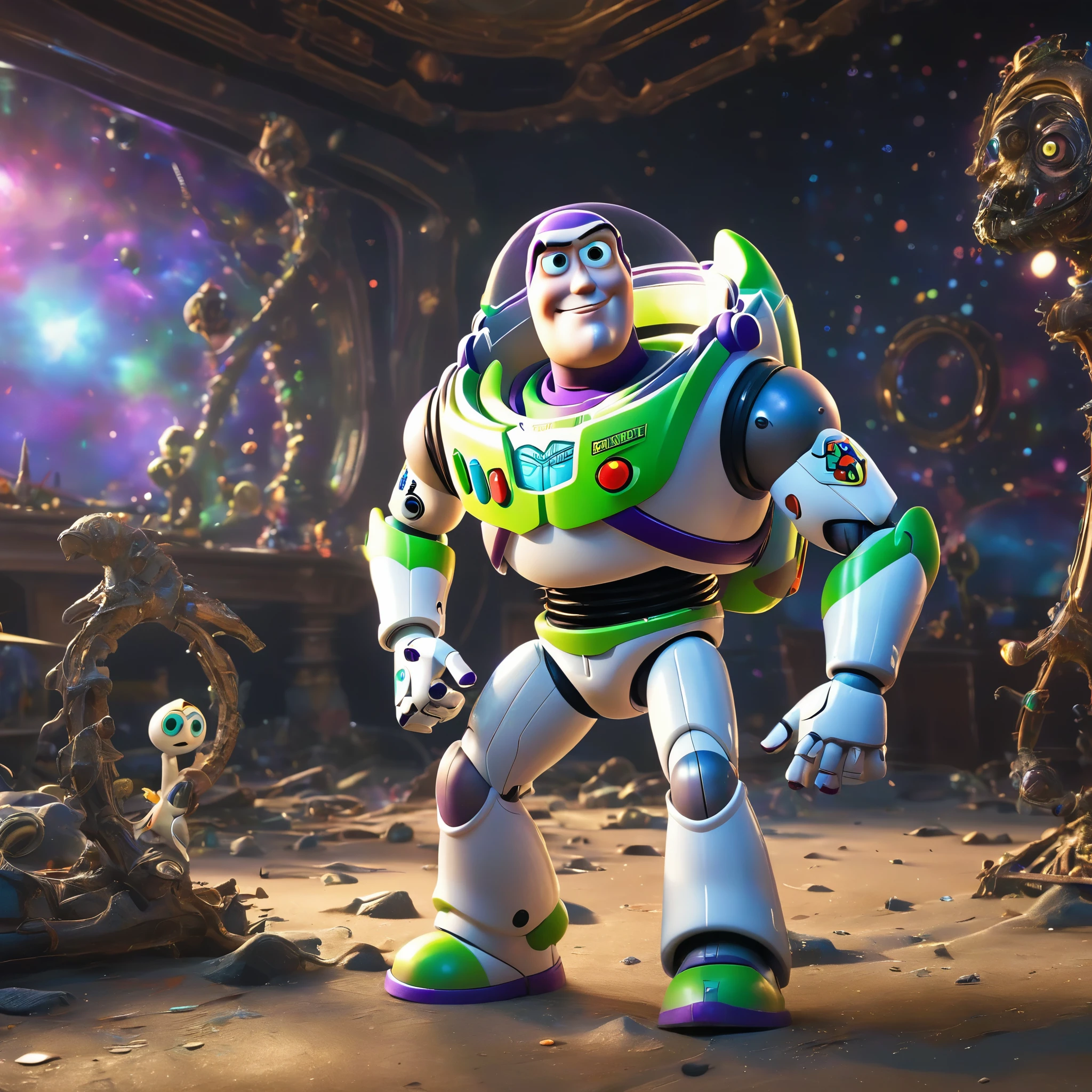 Scenes, Buzz Lightyear stands and looks at the audience, twisted space, distorted undead in the background, Hello lens, Optical axis, Intricate details, Very detailed, Volumetric Lighting, 4k Rendering, Image, Surrealism, Realistic textures, Dramatic Lighting, Unreal Engine
